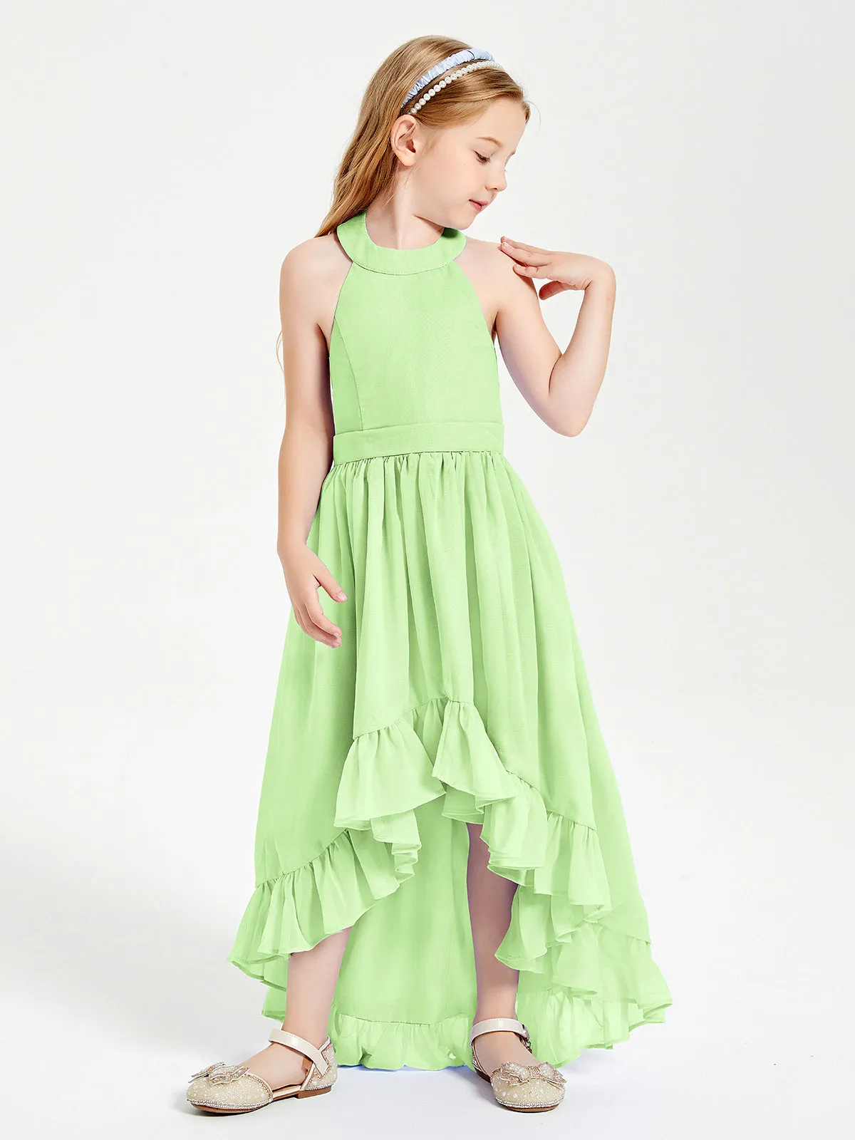 Boho Junior Bridesmaid Dresses Asymmetrical Cascading Skirt Sage