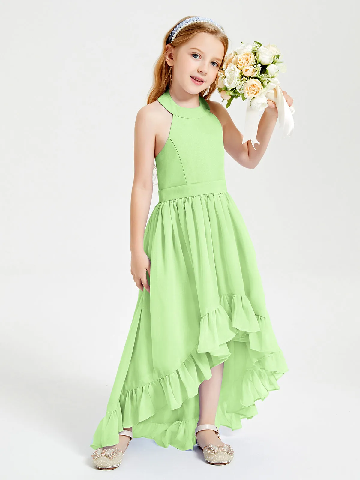 Boho Junior Bridesmaid Dresses Asymmetrical Cascading Skirt Sage