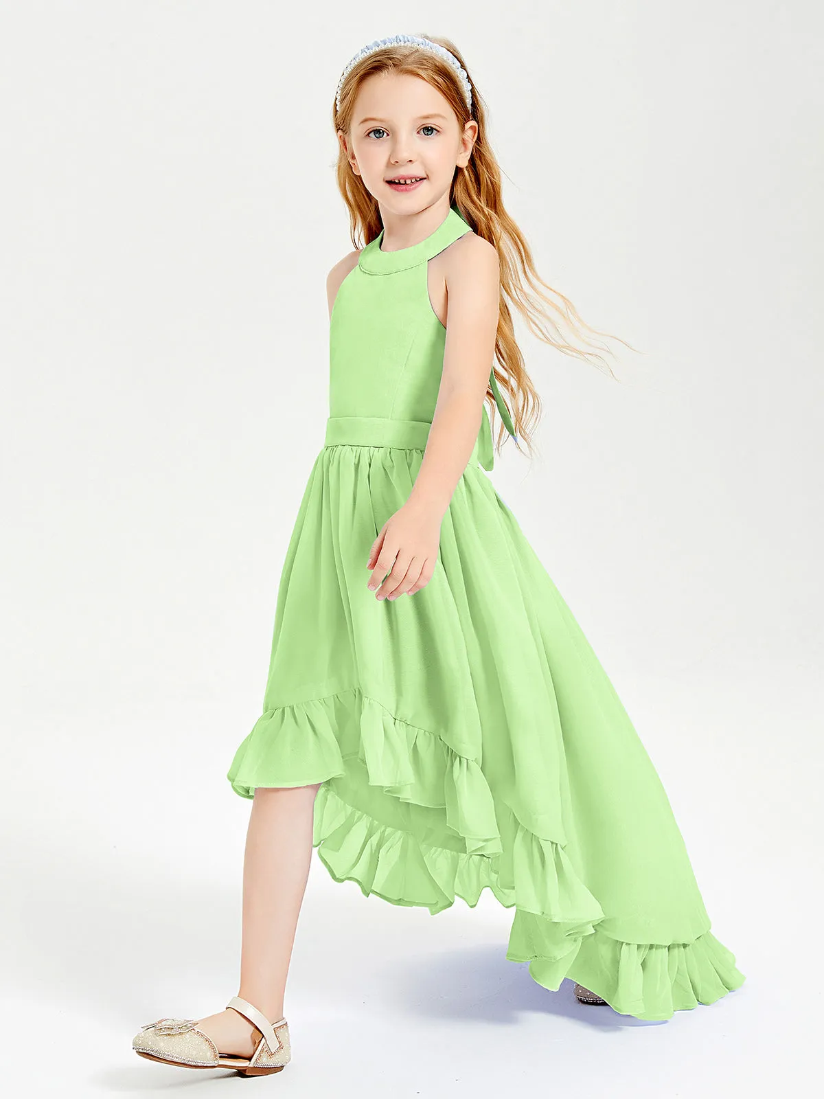 Boho Junior Bridesmaid Dresses Asymmetrical Cascading Skirt Sage