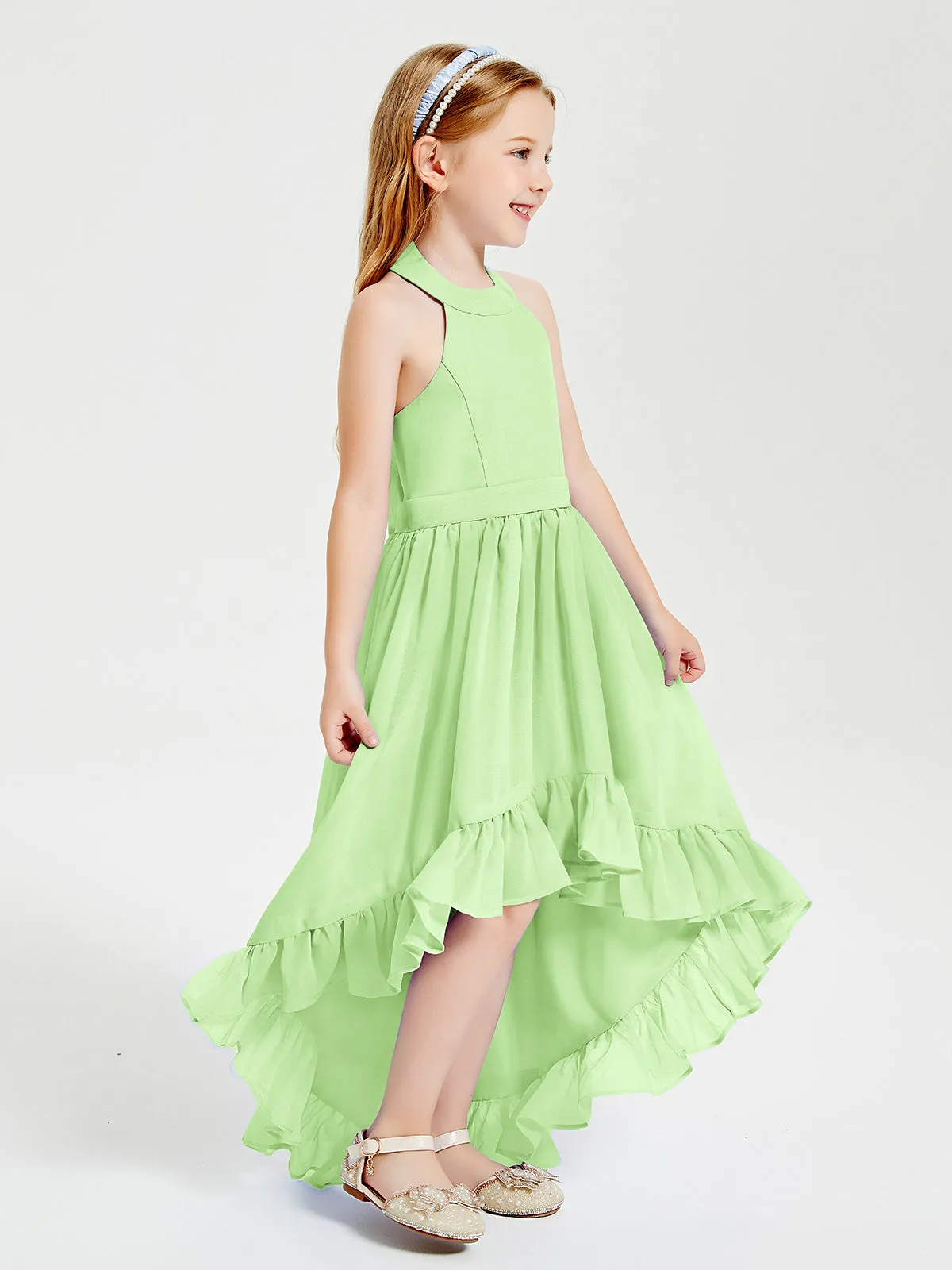 Boho Junior Bridesmaid Dresses Asymmetrical Cascading Skirt Sage