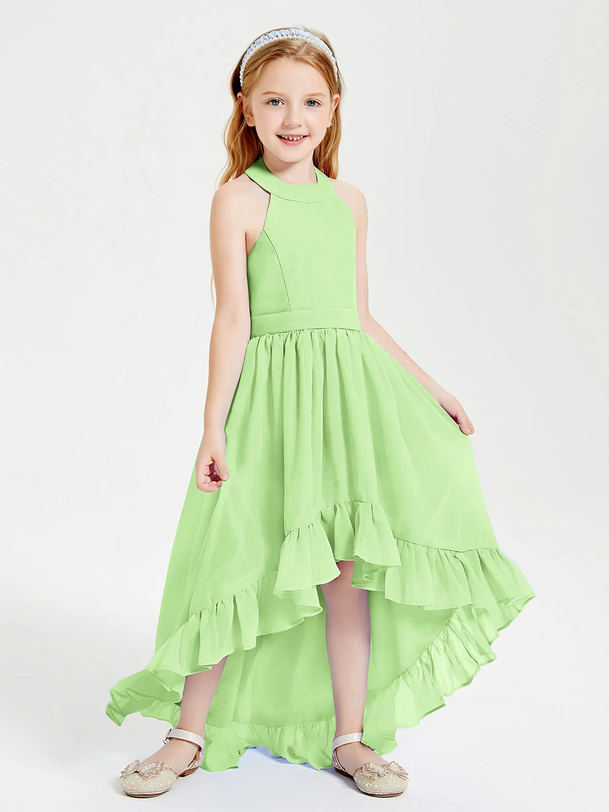 Boho Junior Bridesmaid Dresses Asymmetrical Cascading Skirt Sage