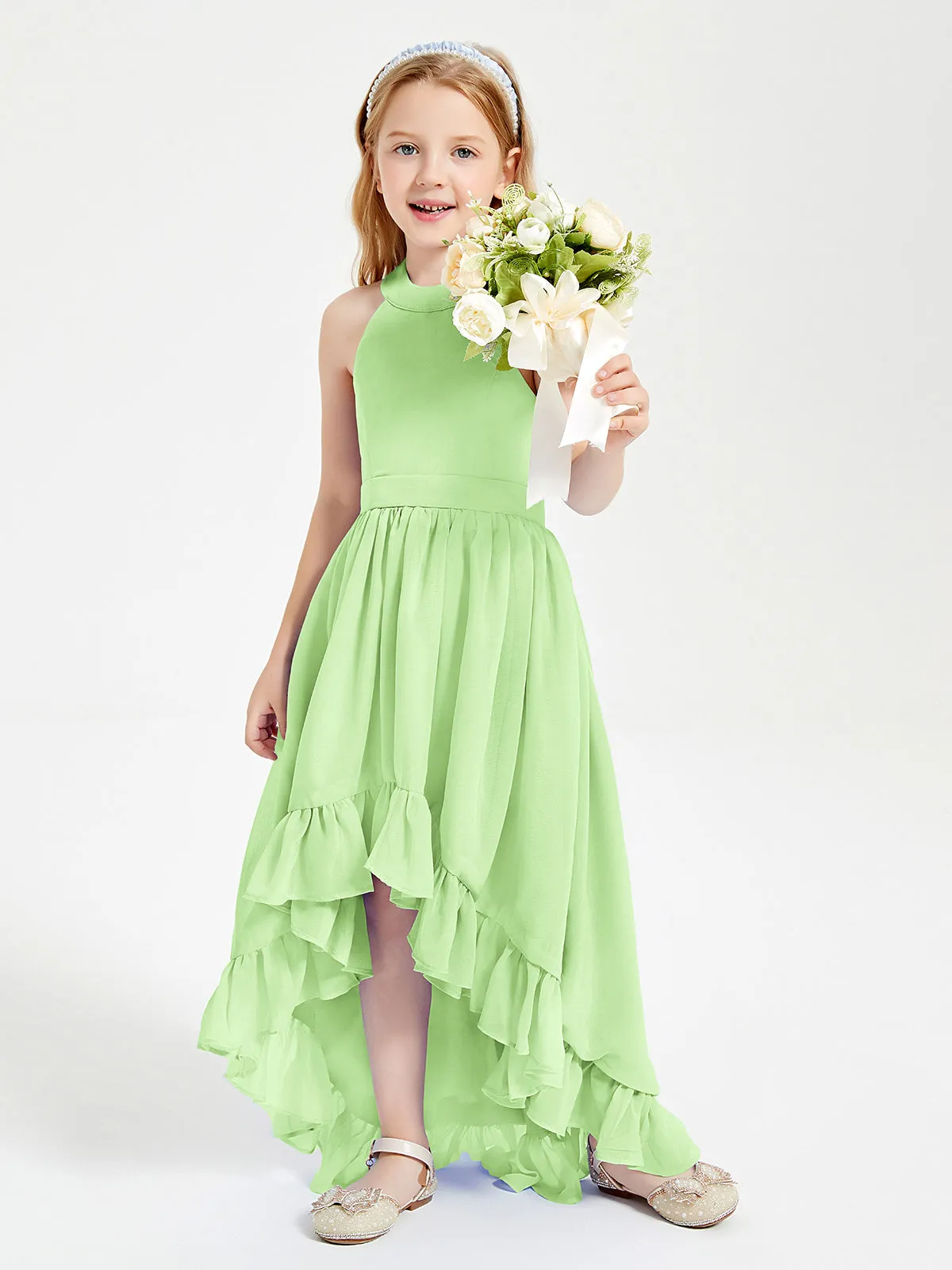 Boho Junior Bridesmaid Dresses Asymmetrical Cascading Skirt Sage