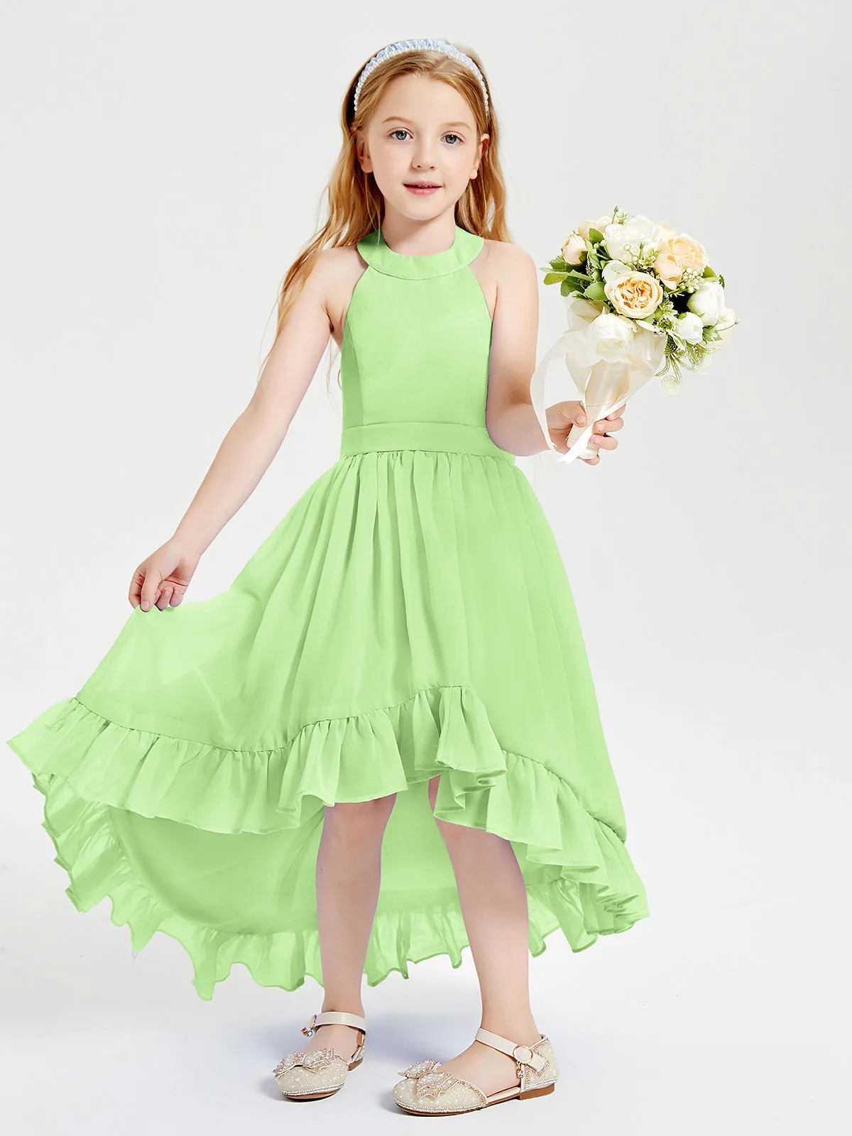 Boho Junior Bridesmaid Dresses Asymmetrical Cascading Skirt Sage