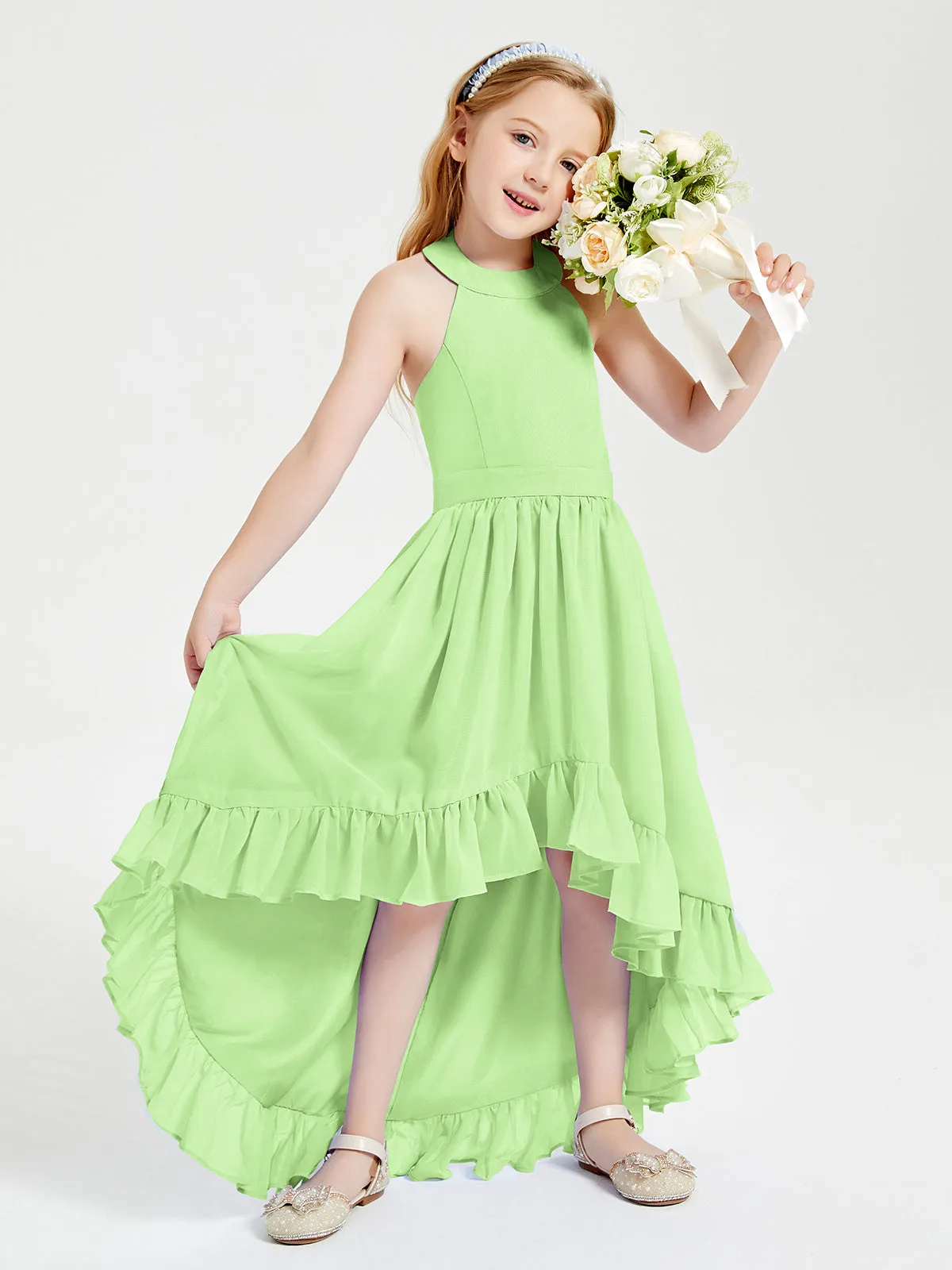 Boho Junior Bridesmaid Dresses Asymmetrical Cascading Skirt Sage