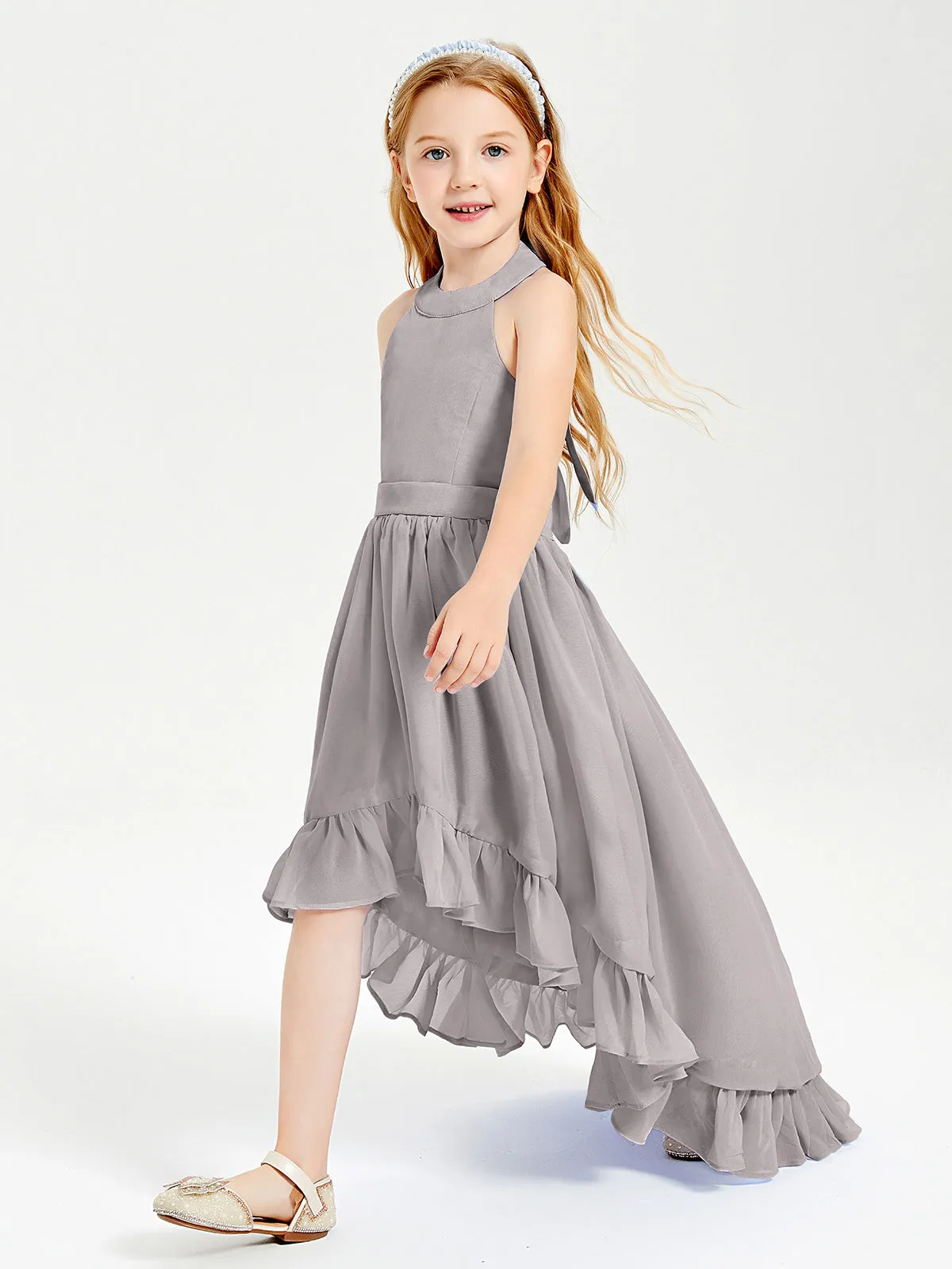 Boho Junior Bridesmaid Dresses Asymmetrical Cascading Skirt Silver