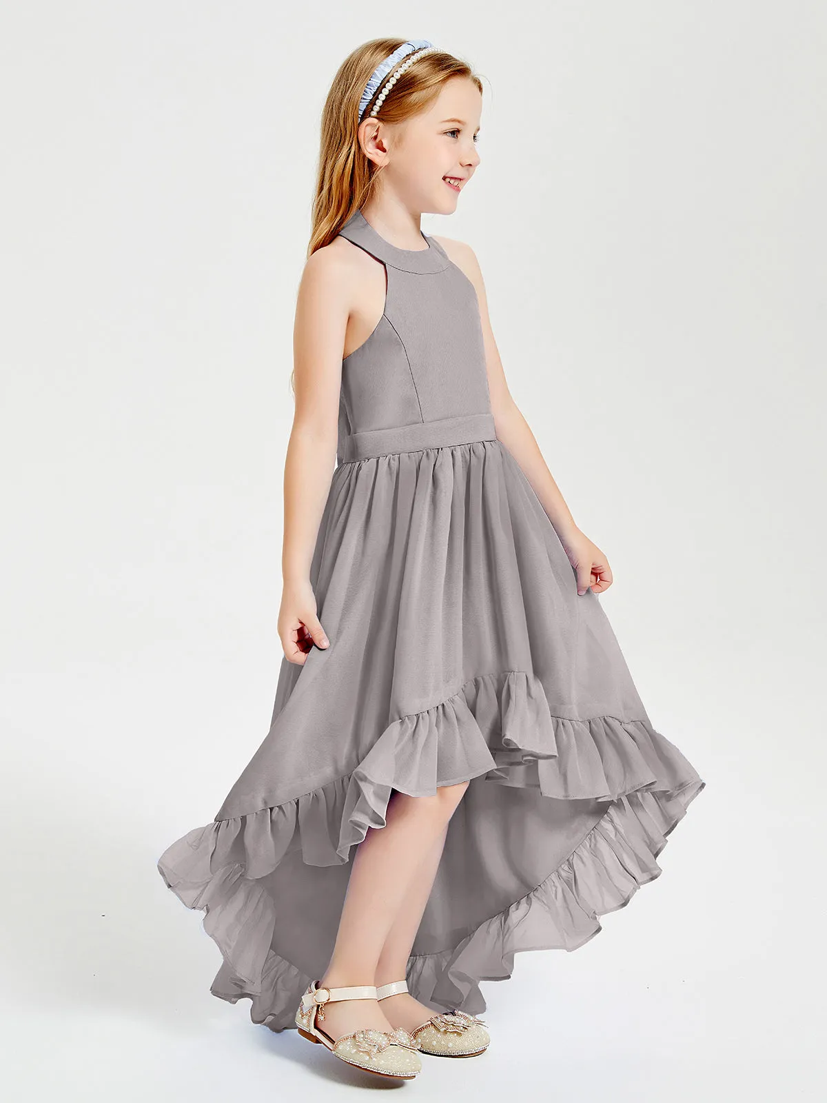 Boho Junior Bridesmaid Dresses Asymmetrical Cascading Skirt Silver