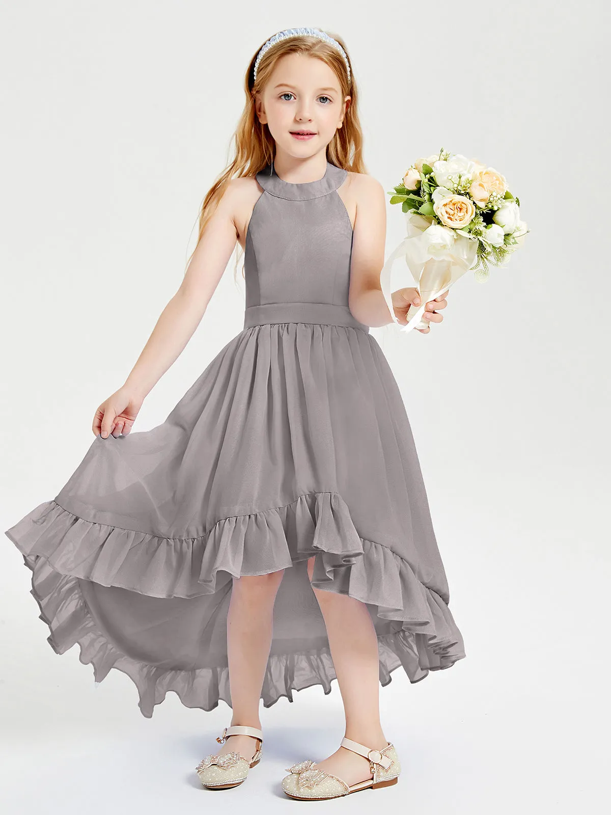 Boho Junior Bridesmaid Dresses Asymmetrical Cascading Skirt Silver