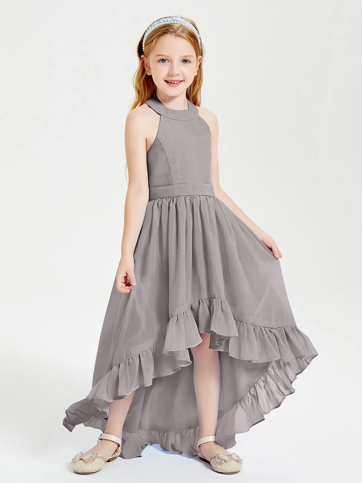 Boho Junior Bridesmaid Dresses Asymmetrical Cascading Skirt Silver