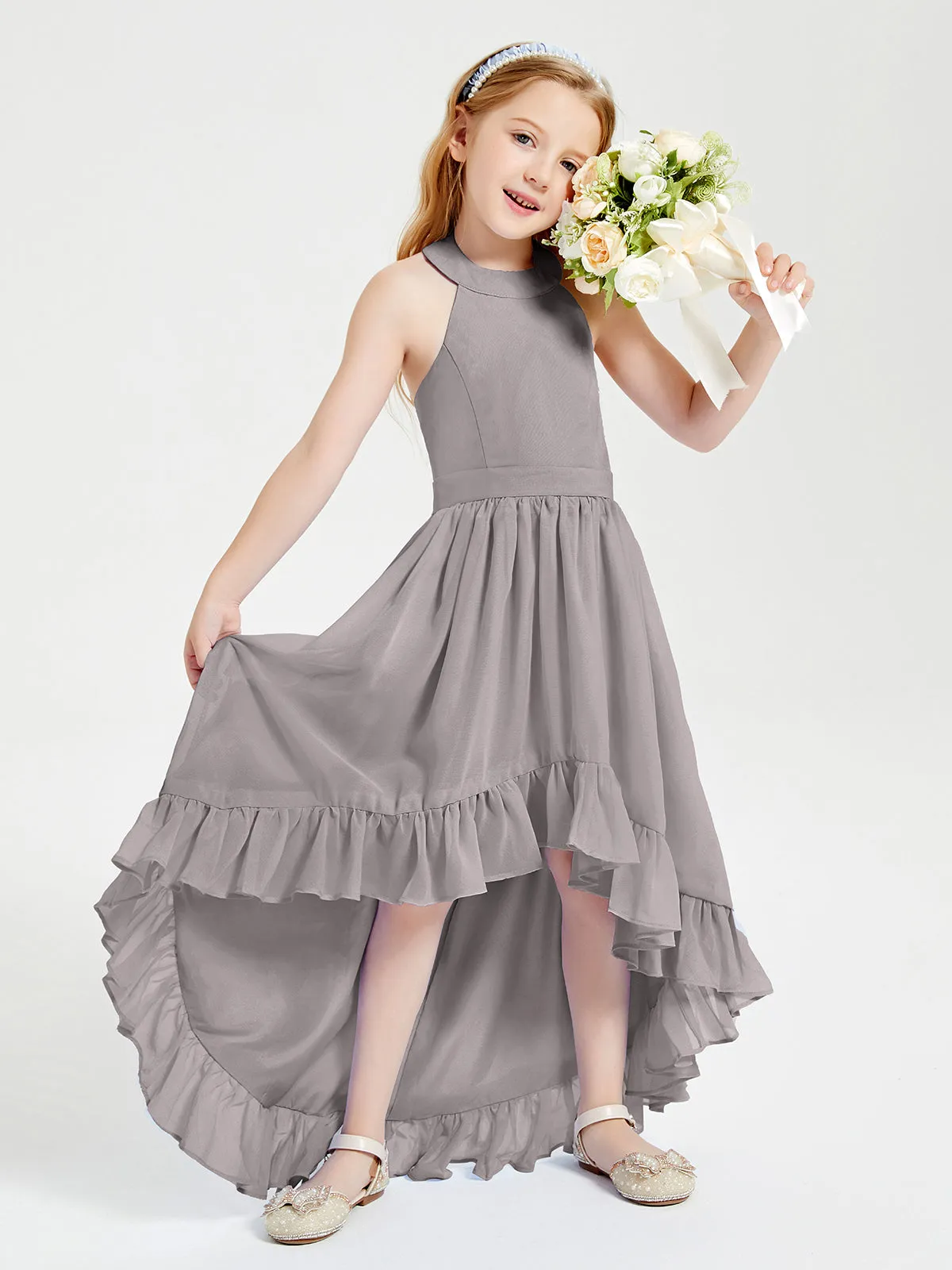 Boho Junior Bridesmaid Dresses Asymmetrical Cascading Skirt Silver