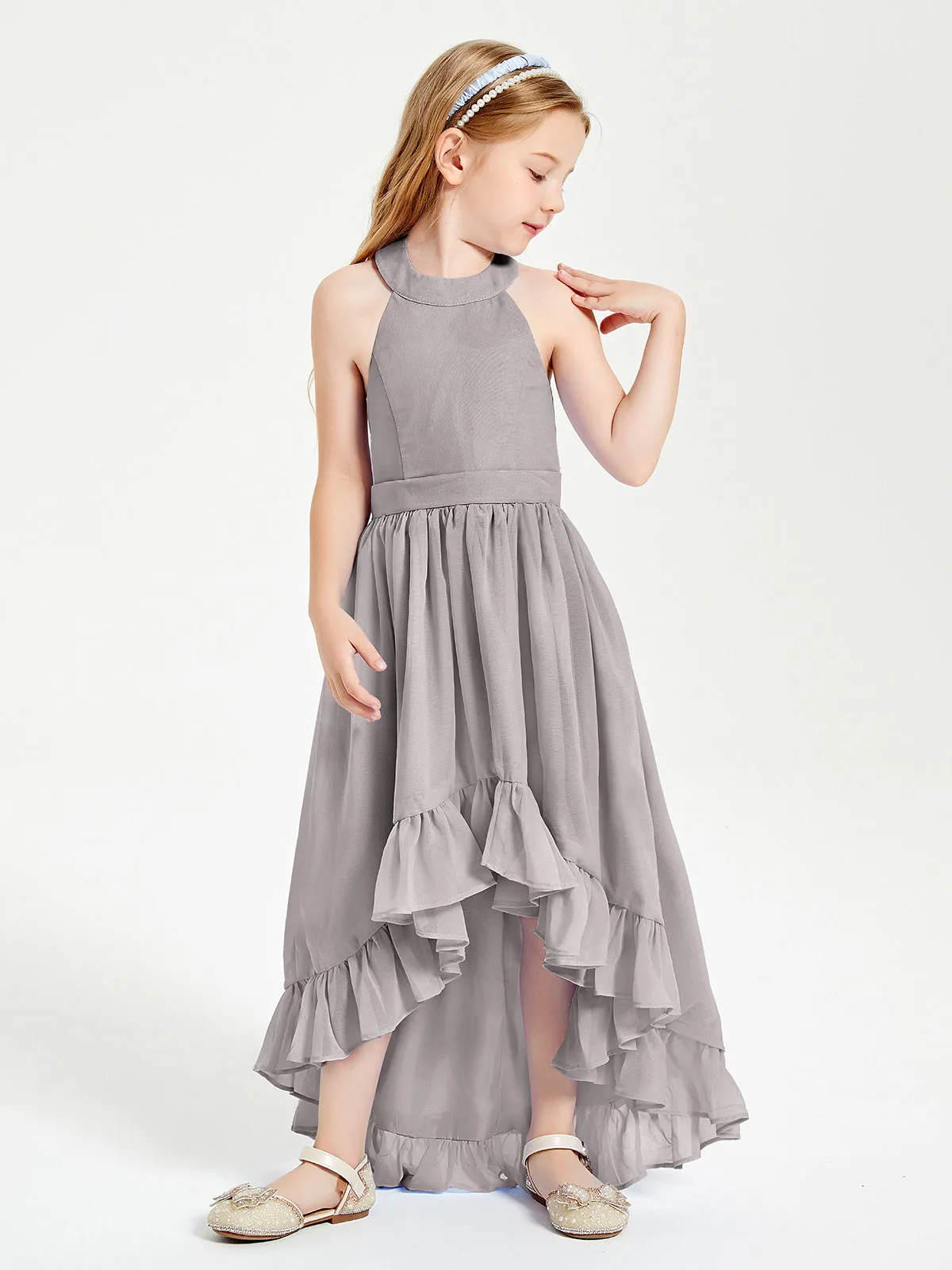 Boho Junior Bridesmaid Dresses Asymmetrical Cascading Skirt Silver