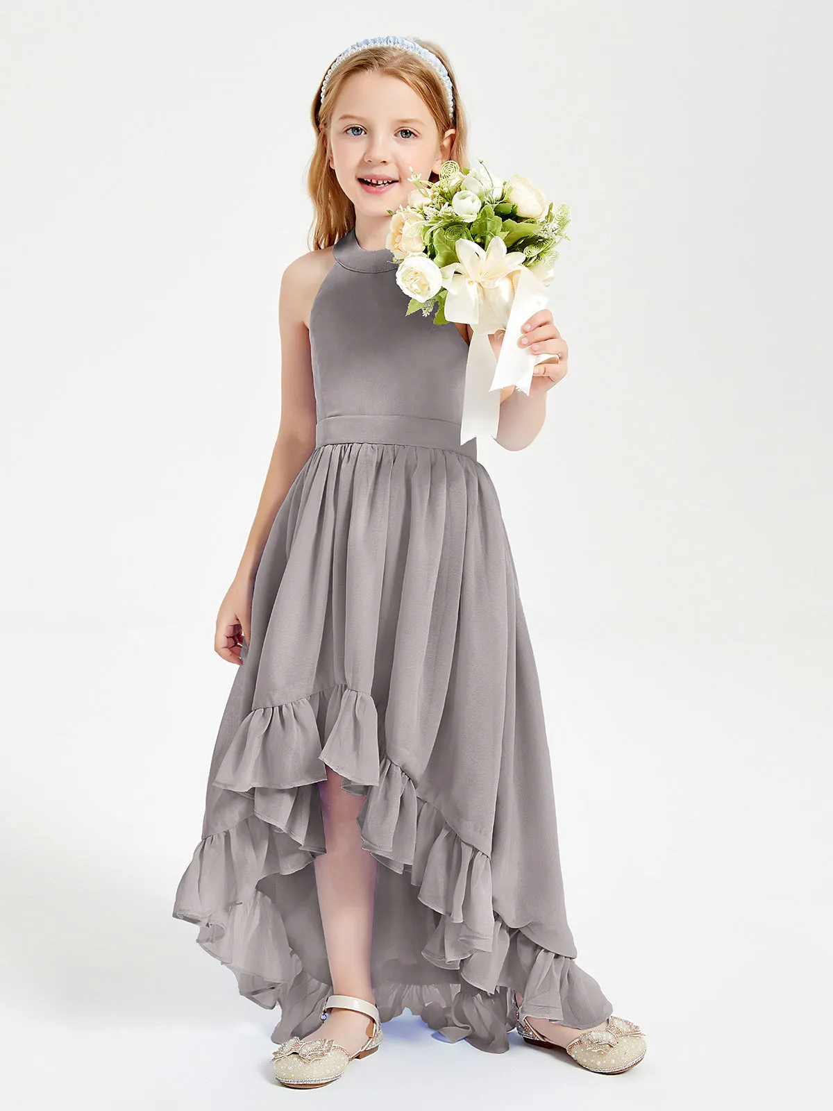 Boho Junior Bridesmaid Dresses Asymmetrical Cascading Skirt Silver