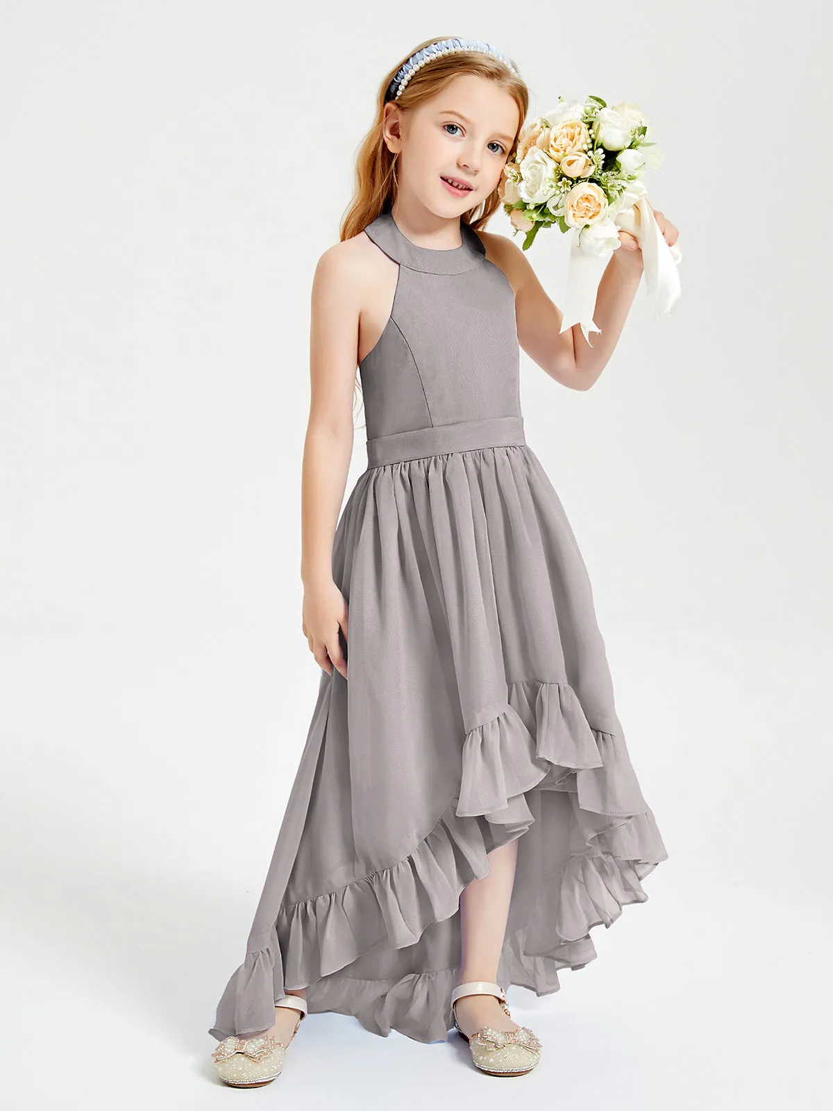 Boho Junior Bridesmaid Dresses Asymmetrical Cascading Skirt Silver