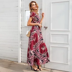 Boho Print V-neck Wrap Summer Elegant High Waist Long Short Sleeve Maxi Dress