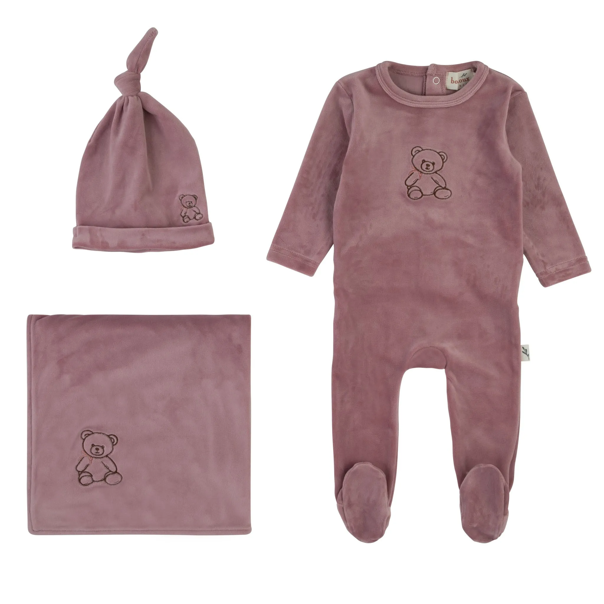 Bondoux Teddy Soft Velour Footie & Bonnet Girls