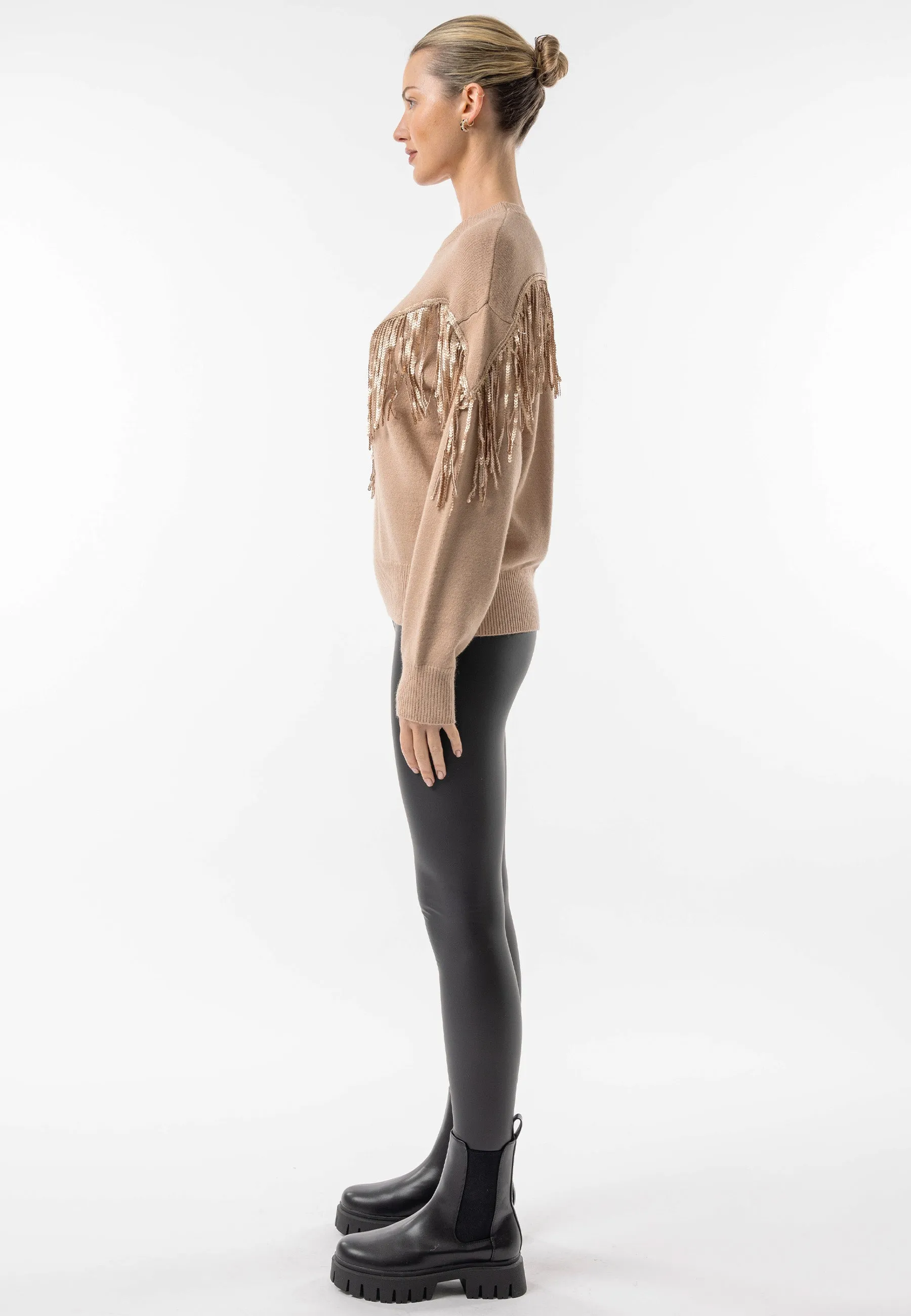 Brown Crew Neck Jumper with Fringe Detail