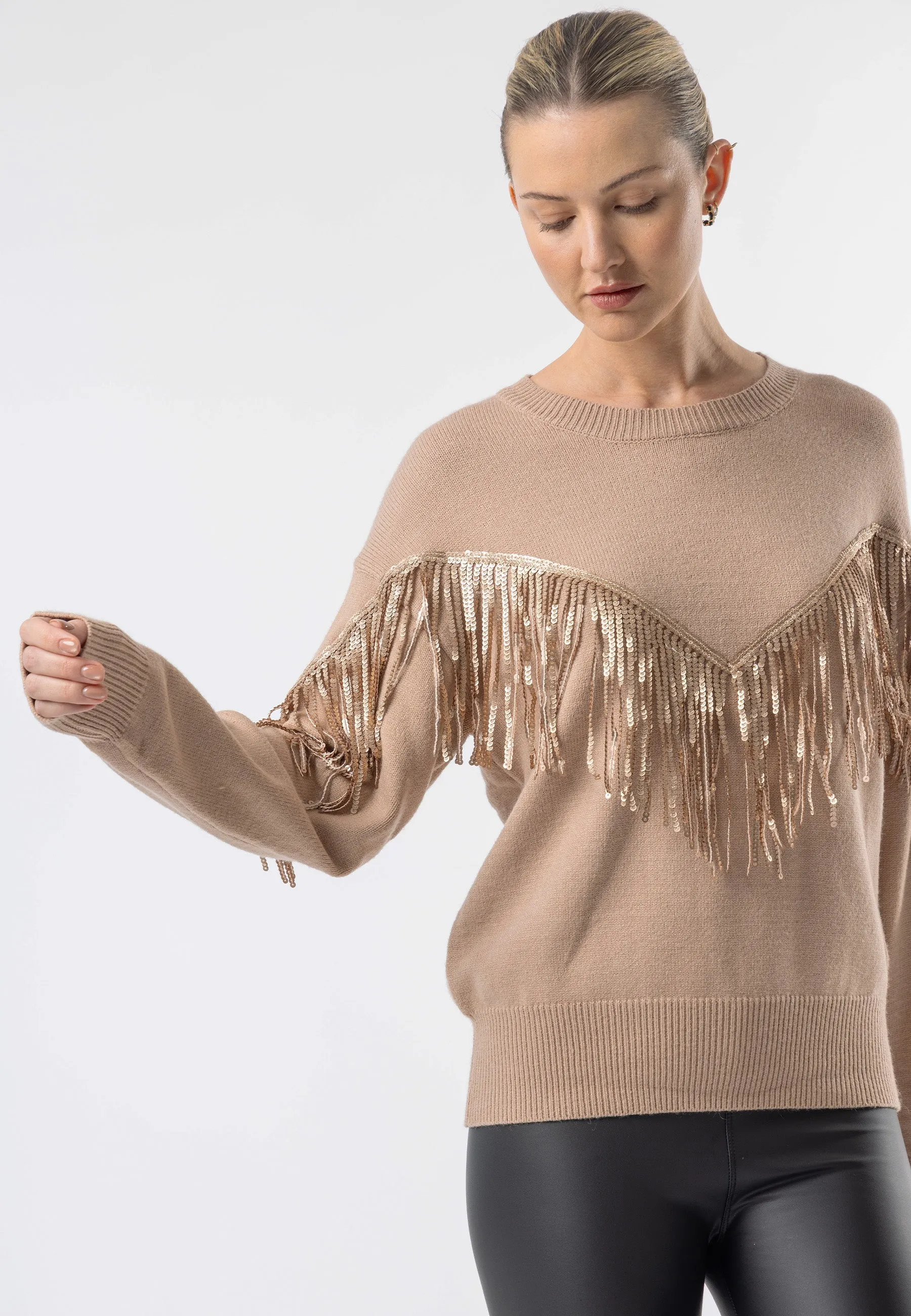 Brown Crew Neck Jumper with Fringe Detail