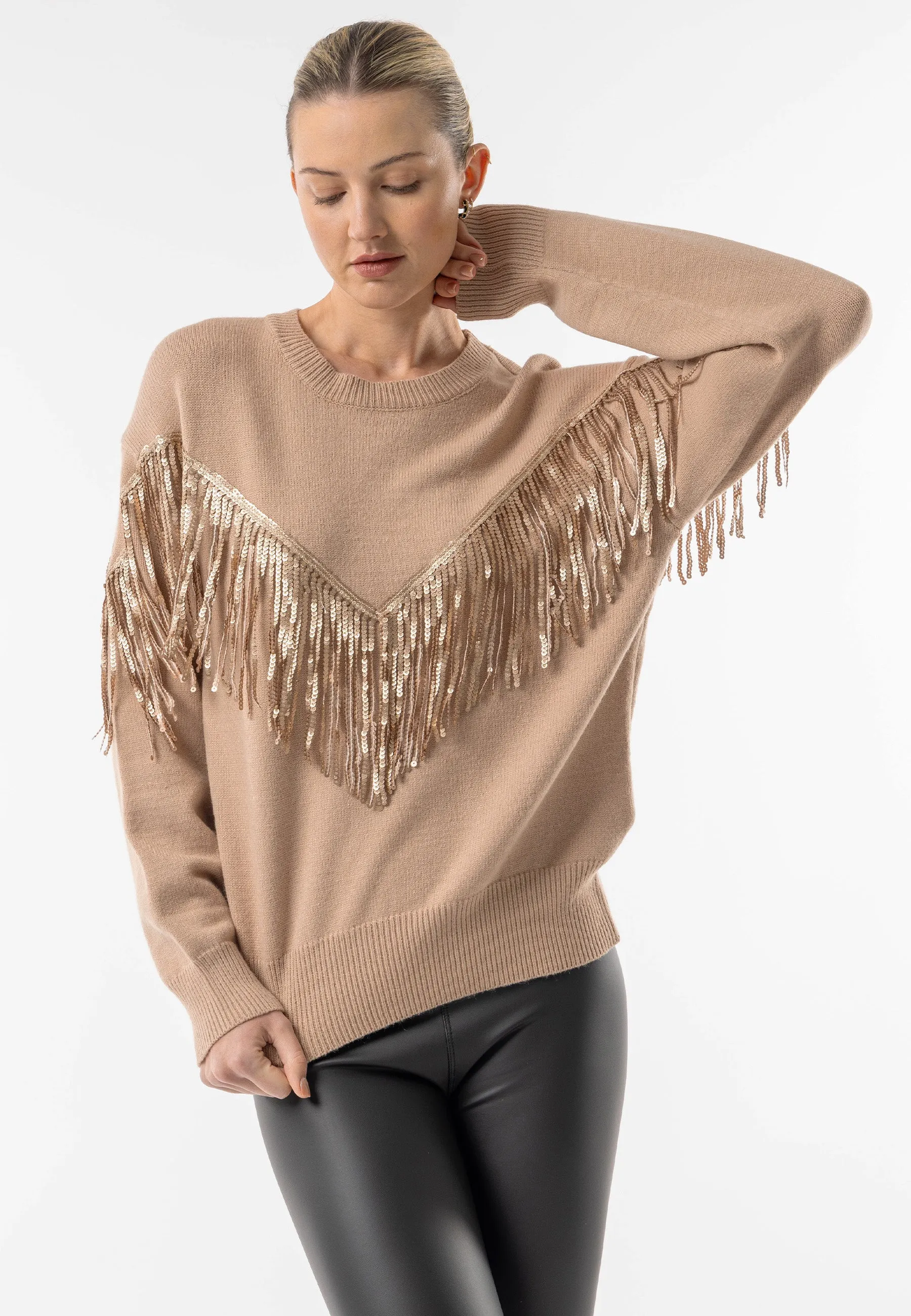 Brown Crew Neck Jumper with Fringe Detail