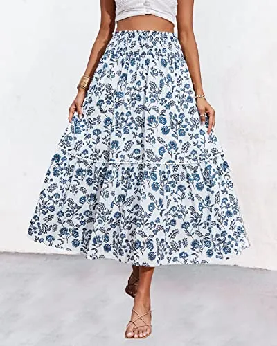 BTFBM Women 2023 Spring Summer Floral Long Skirts Casual Elastic High Waist Pleated Swing A Line Boho Beach Maxi Skirt(Floral Dark Blue, Medium)