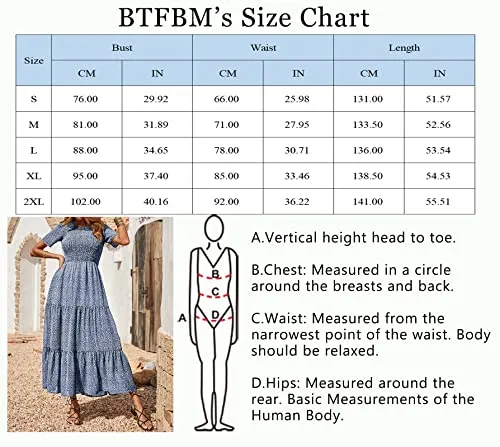 BTFBM Women Casual Short Sleeve Crew Neck Summer Dress Bohemian Floral Printed Flowy Maxi Dresses Tiered Cocktail Dress (Dark Blue, Medium)