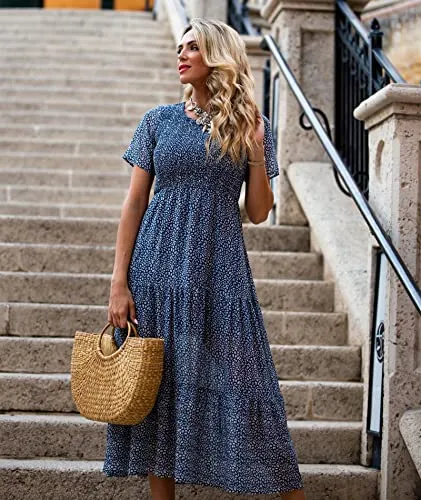 BTFBM Women Casual Short Sleeve Crew Neck Summer Dress Bohemian Floral Printed Flowy Maxi Dresses Tiered Cocktail Dress (Dark Blue, Medium)