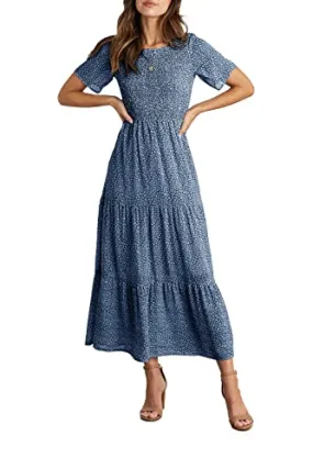 BTFBM Women Casual Short Sleeve Crew Neck Summer Dress Bohemian Floral Printed Flowy Maxi Dresses Tiered Cocktail Dress (Dark Blue, Medium)