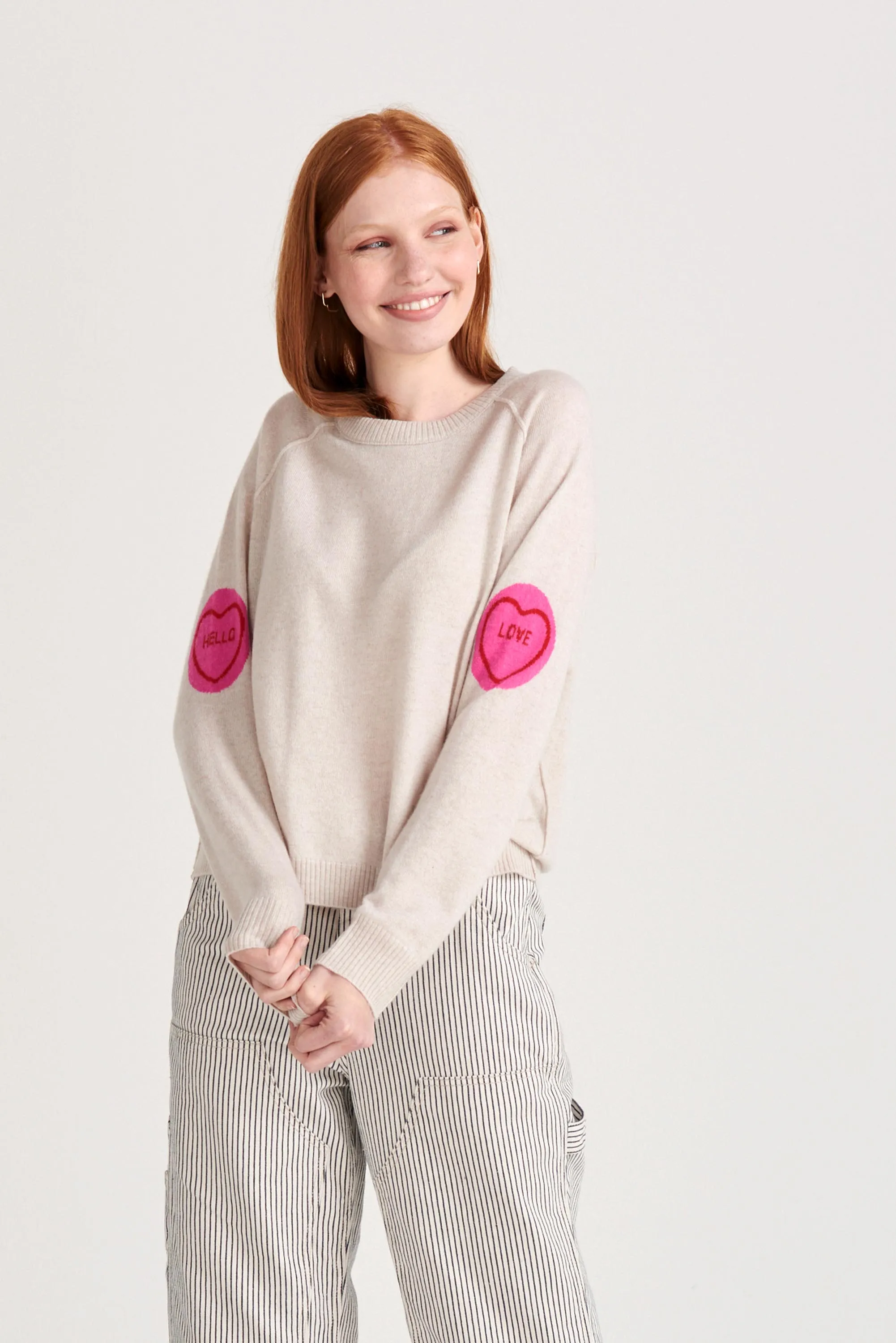 Cashmere Love Hearts Hello Love Sweat in Oatmeal and Pink