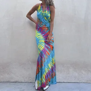 Casual Pattern Printed Hollow Backless Draped Party Sexy Halter High Waist Long Summer New's Dress