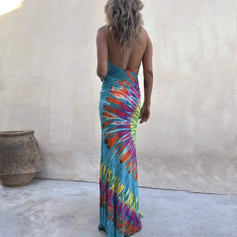 Casual Pattern Printed Hollow Backless Draped Party Sexy Halter High Waist Long Summer New's Dress