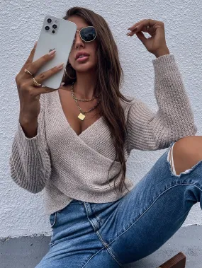 Casual Plain Rib-Knit Long Sleeve V Neck Crop Women Sweater