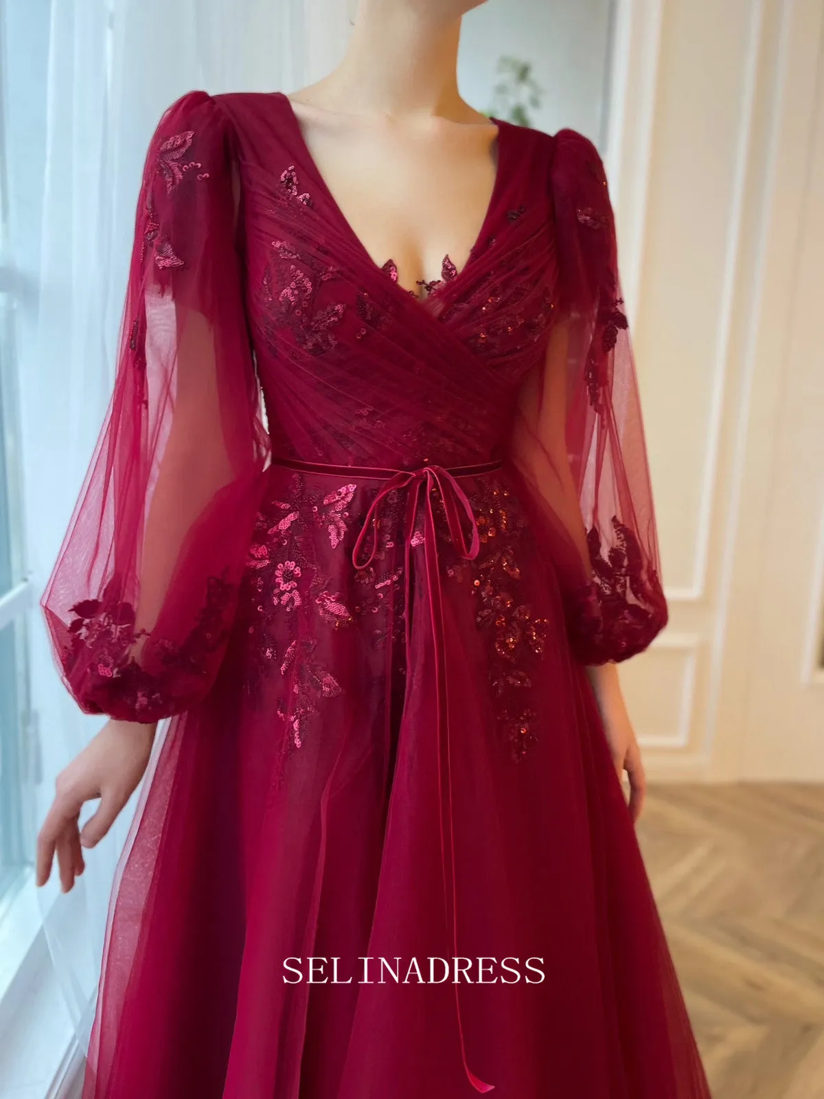 Chic A-line V neck Elegant Burgundy Prom Dress Puffy Sleeves Amaryllis Gown Evening Dress #LOP206