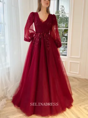 Chic A-line V neck Elegant Burgundy Prom Dress Puffy Sleeves Amaryllis Gown Evening Dress #LOP206