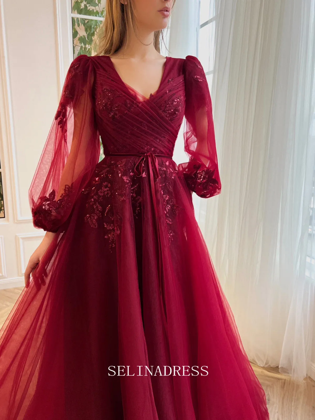 Chic A-line V neck Elegant Burgundy Prom Dress Puffy Sleeves Amaryllis Gown Evening Dress #LOP206