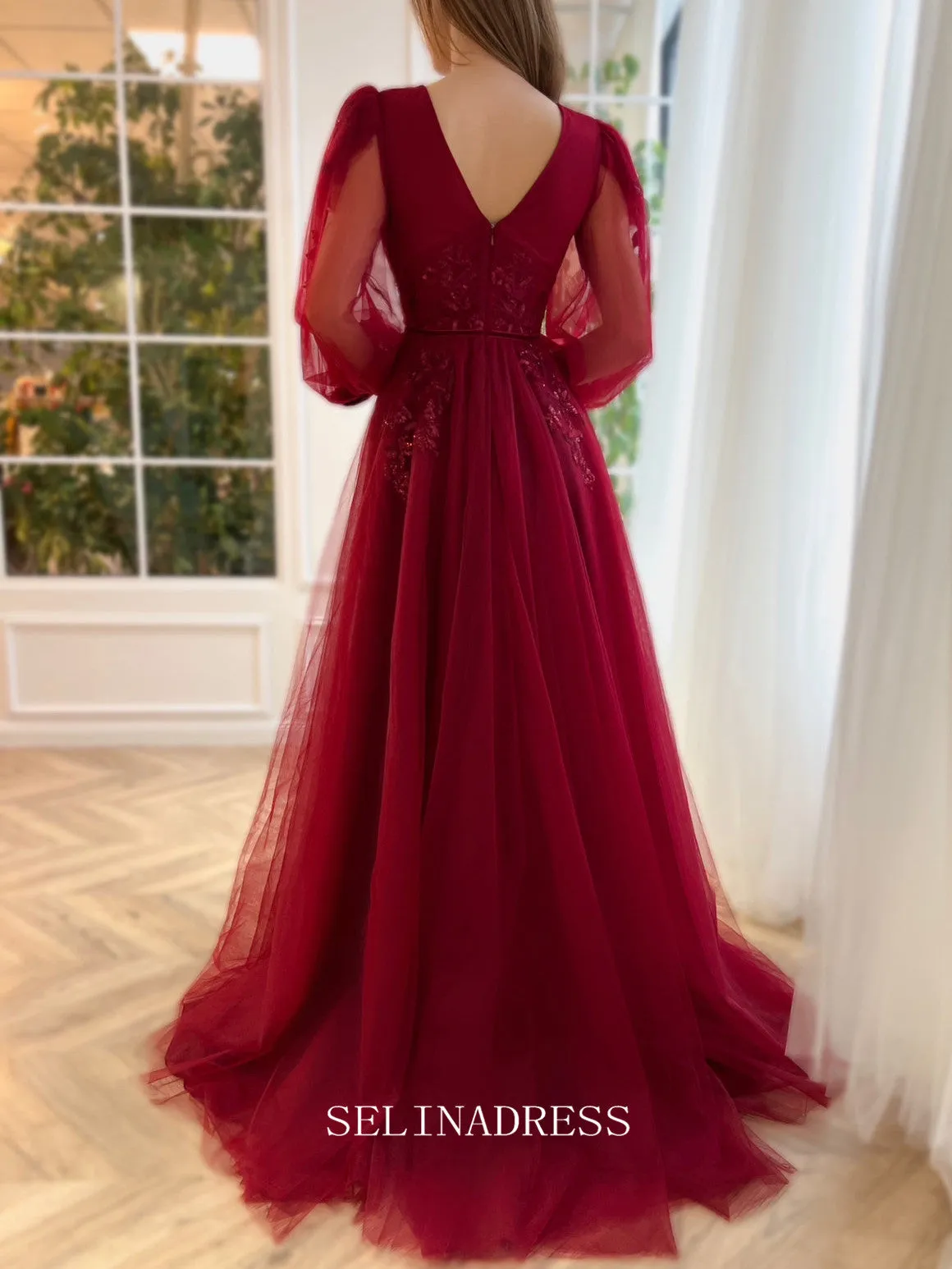 Chic A-line V neck Elegant Burgundy Prom Dress Puffy Sleeves Amaryllis Gown Evening Dress #LOP206