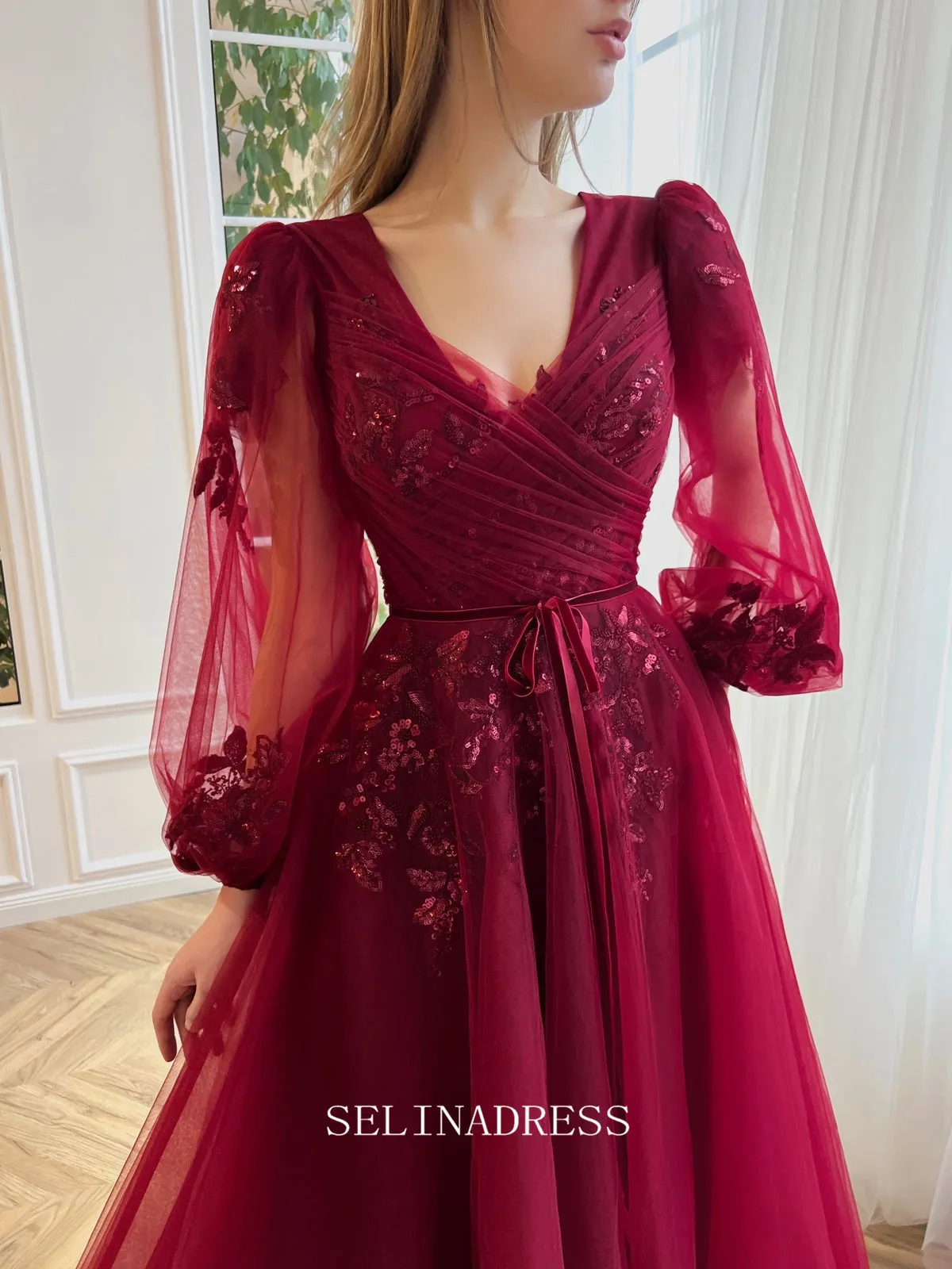 Chic A-line V neck Elegant Burgundy Prom Dress Puffy Sleeves Amaryllis Gown Evening Dress #LOP206