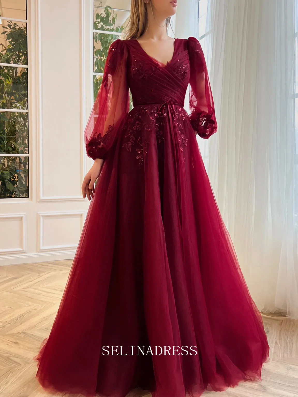 Chic A-line V neck Elegant Burgundy Prom Dress Puffy Sleeves Amaryllis Gown Evening Dress #LOP206