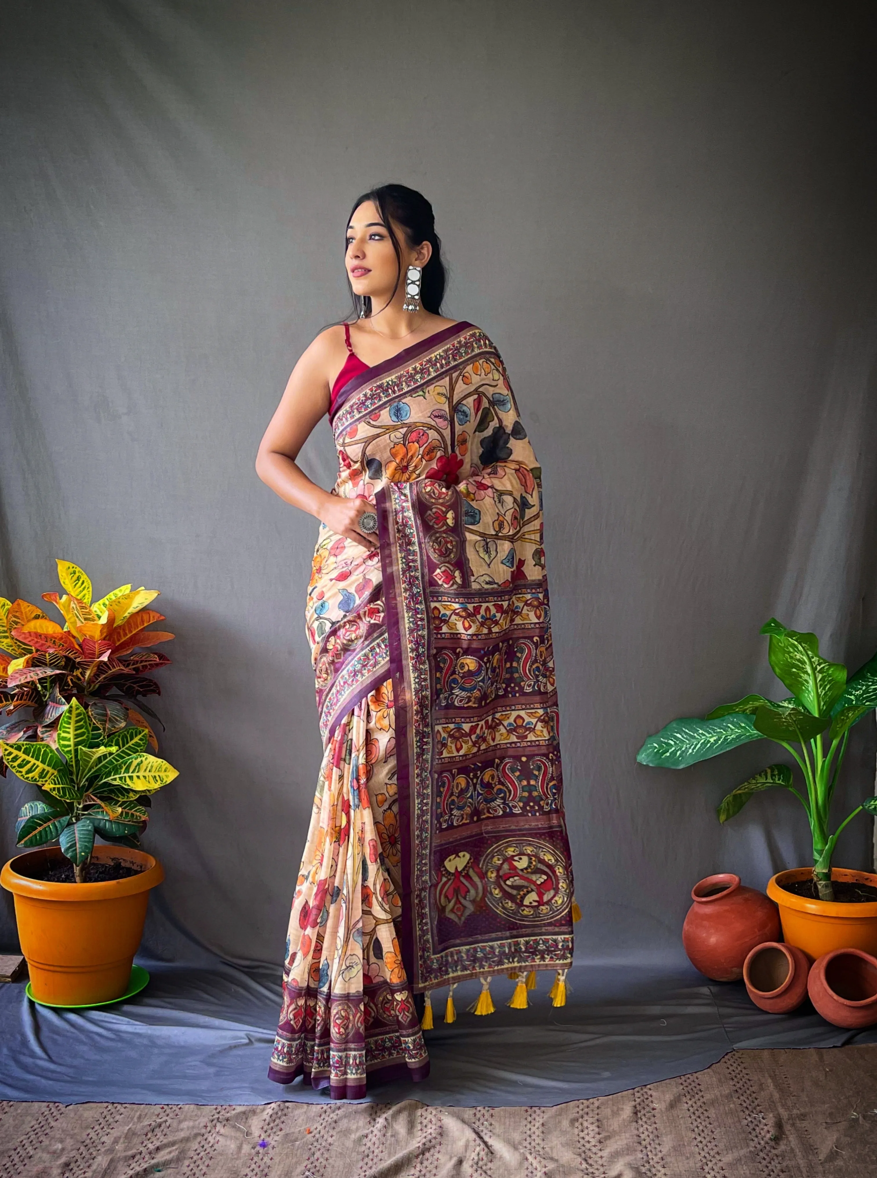 Chickoo Saree in Cotton Kalamkari Print