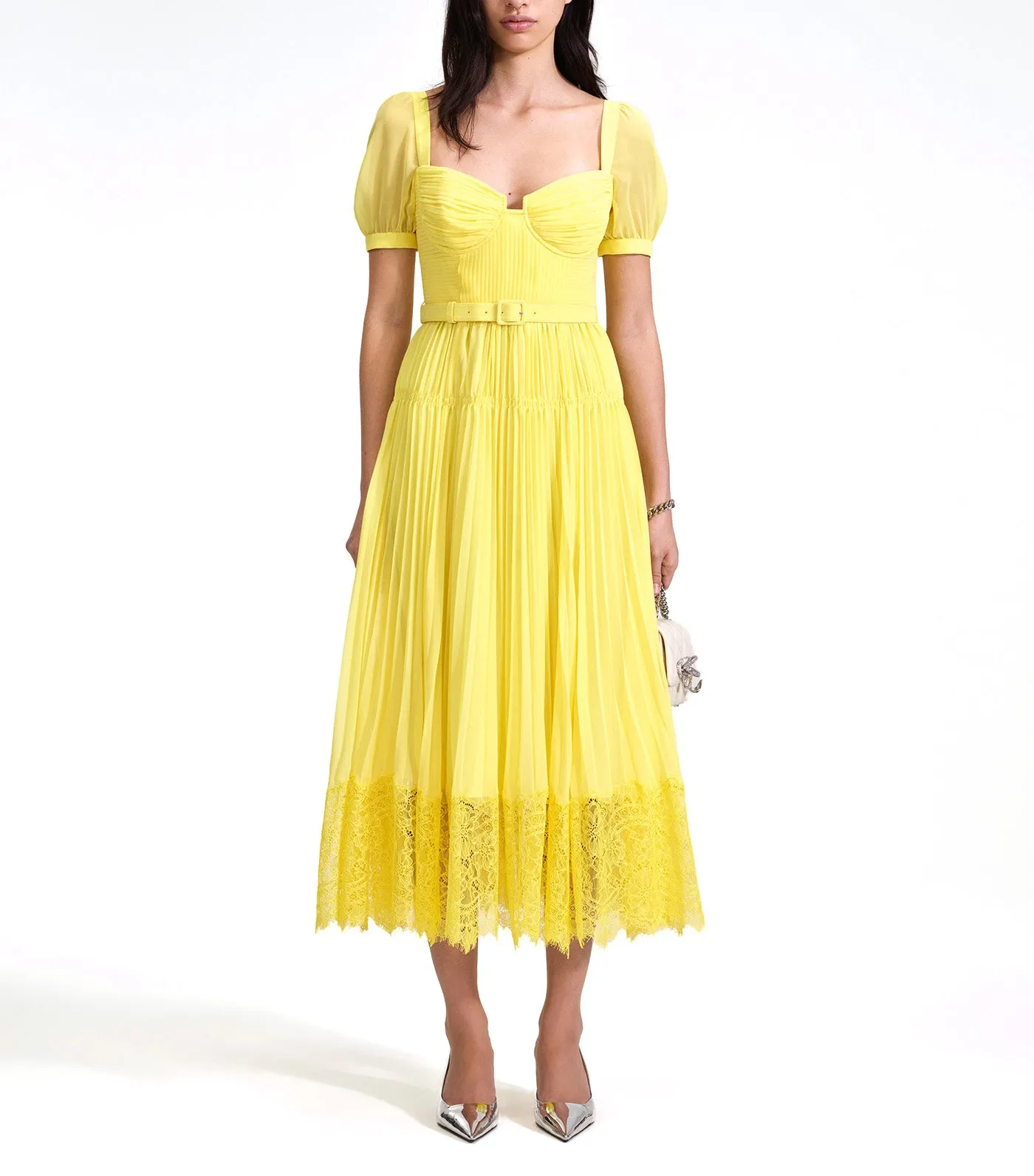 Chiffon Lace Detail Midi Dress Yellow