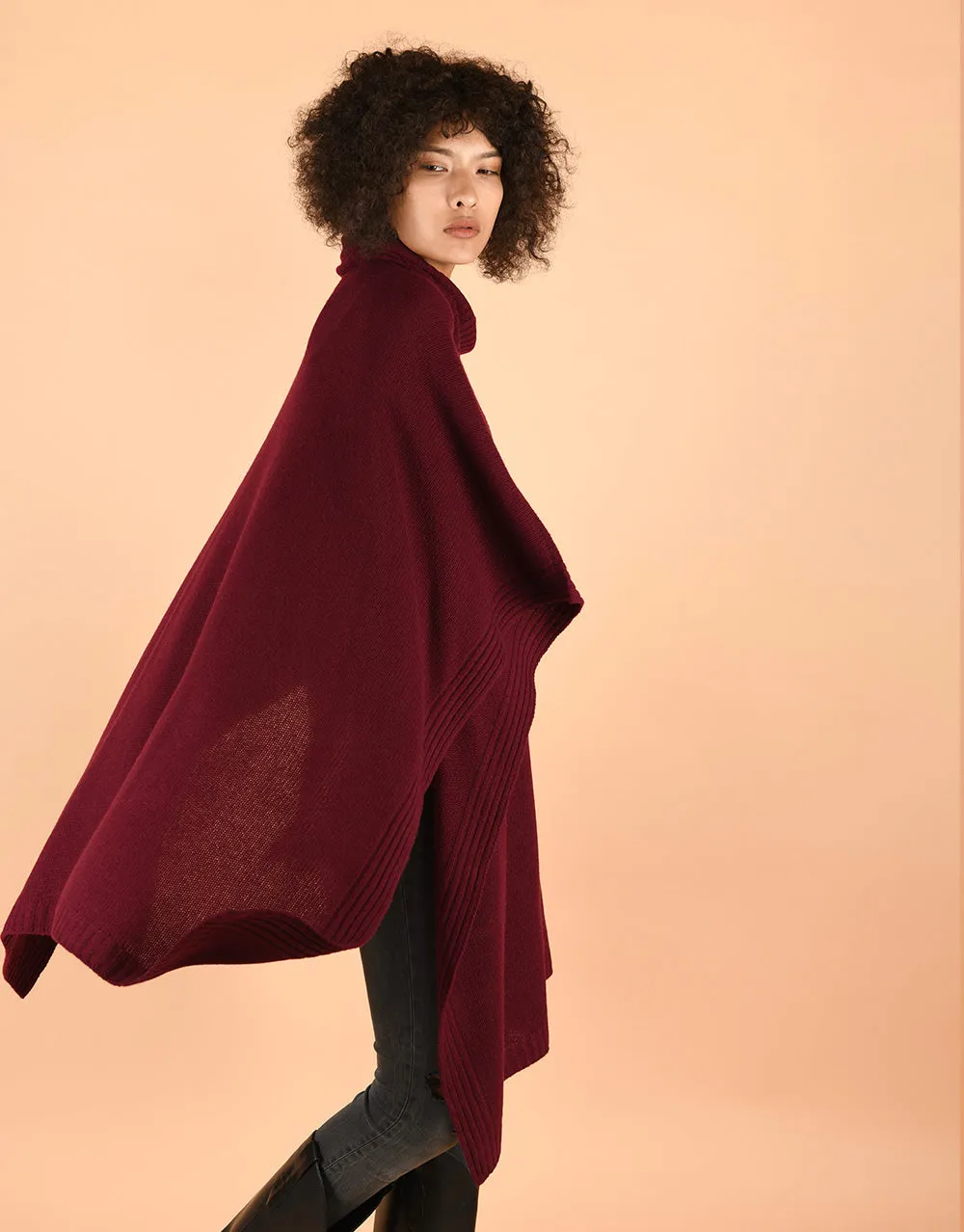 Chunky Roll Neck Poncho in Merlot