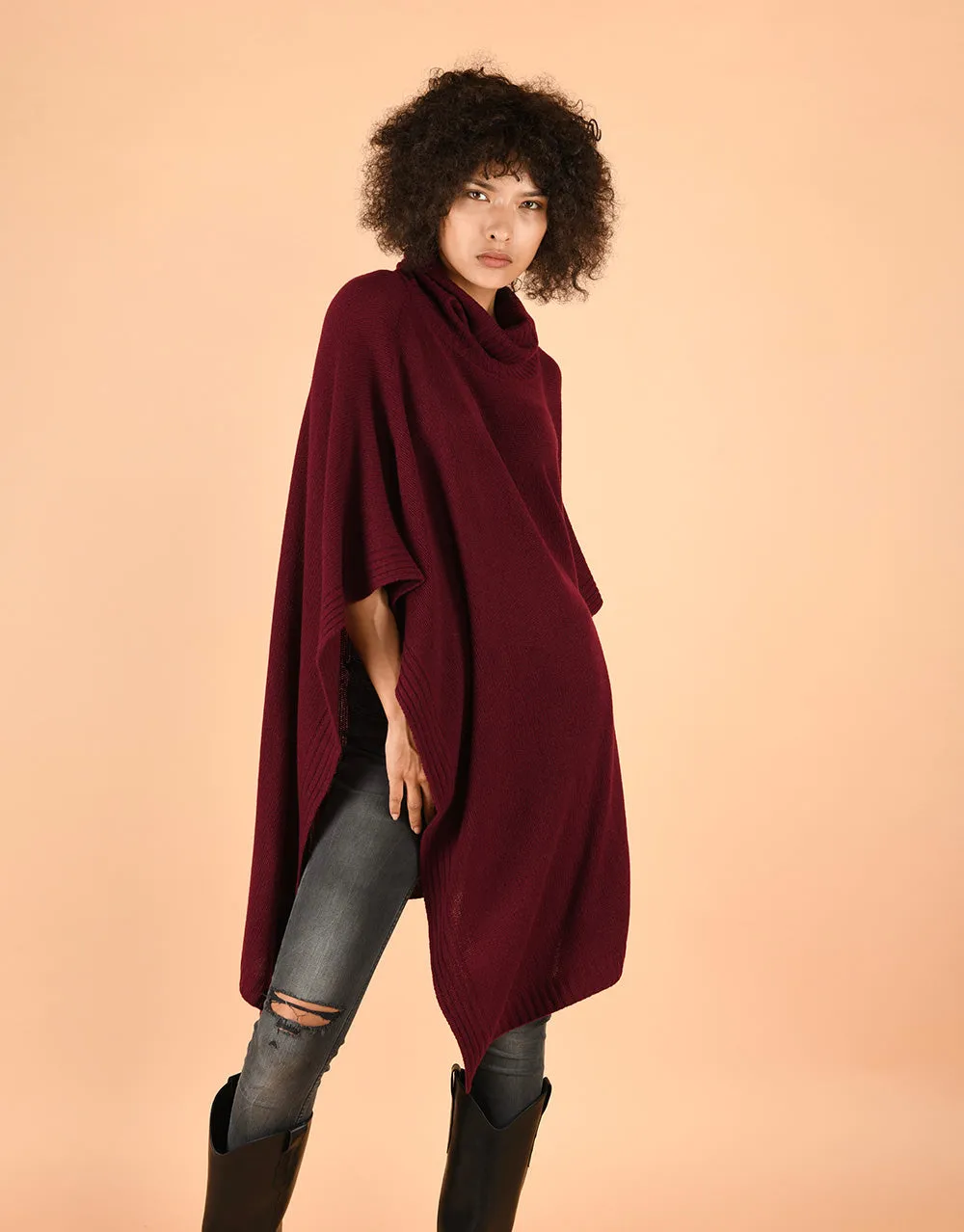 Chunky Roll Neck Poncho in Merlot