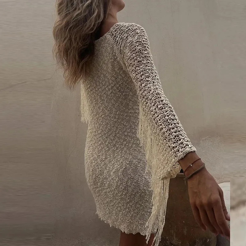 Color Short Elegant Slim Knitted Tassel Long Sleeved Summer Solid Dress