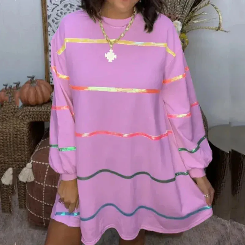 Colorful Striped Loose A-Line Dress Spring Casual Long Sleeve Ruffles Mini Elegant Female Dress