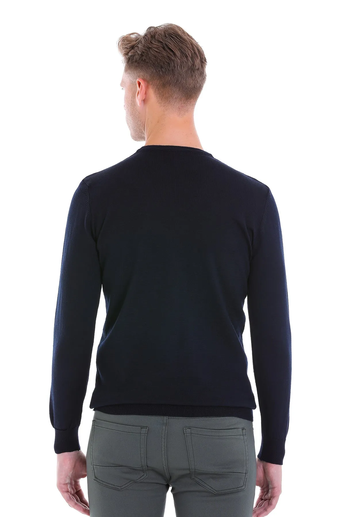 Comfort Fit Navy Wool Blend Crew Neck Sweater