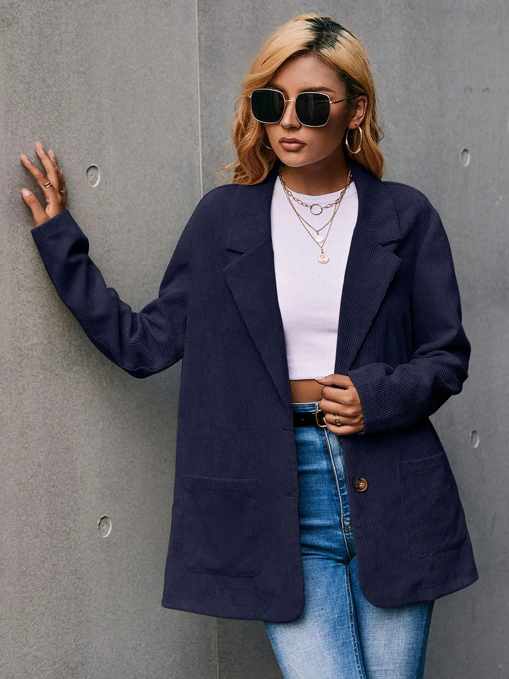 Corduroy Long Sleeve Longline Blazer with Pockets