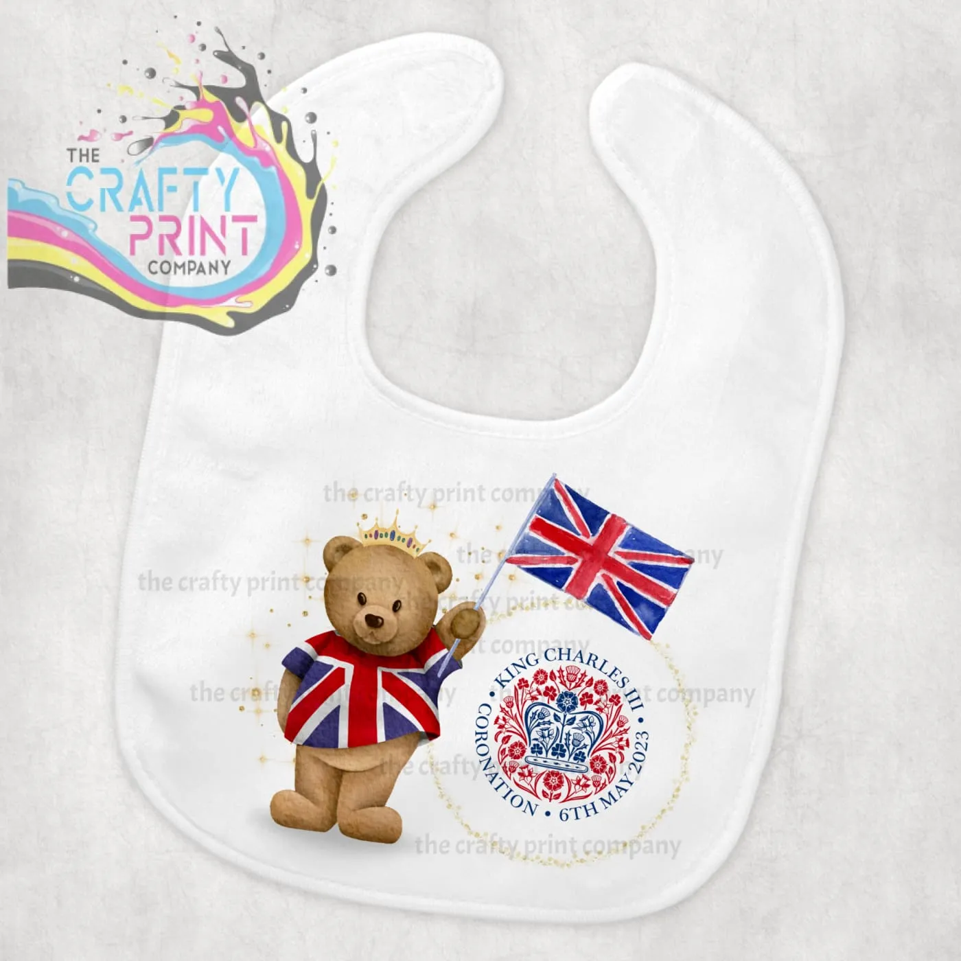 Coronation Teddy Bear with Logo Baby Bib