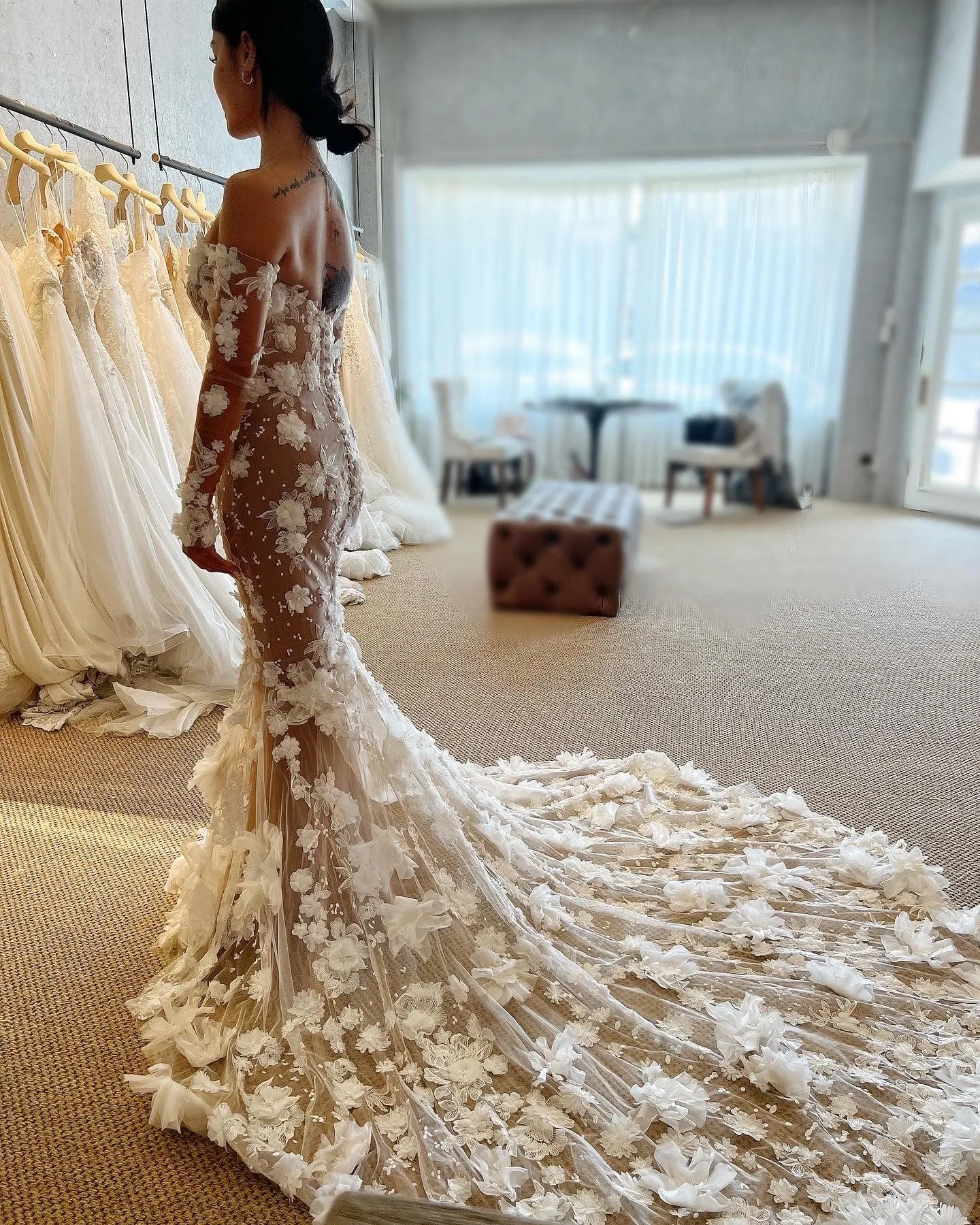 Custom Tulle - 3D Lace Mermaid Wedding Dress Long Sleeves, Nude