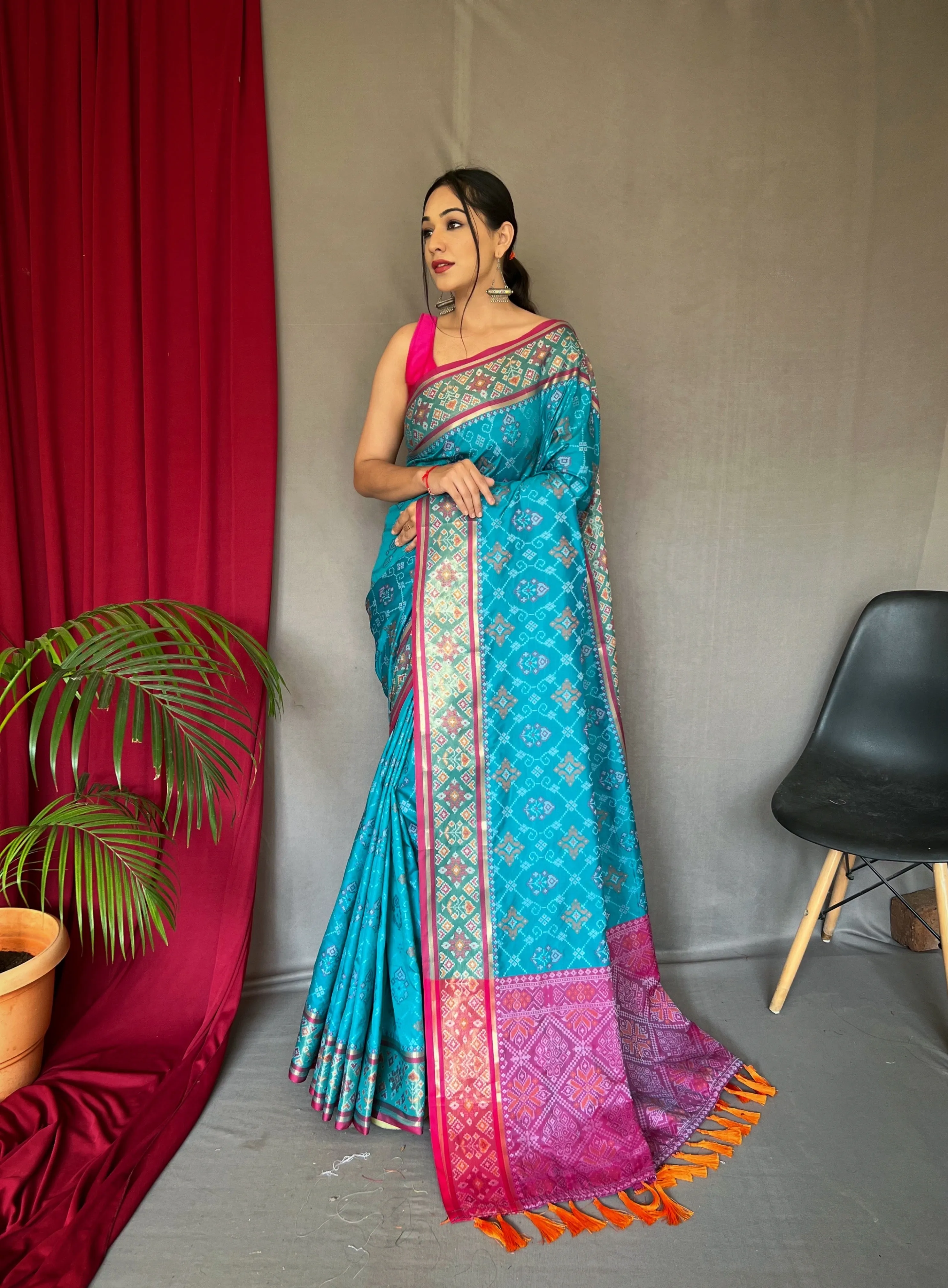 Deep Aqua Saree in Patola  Silk