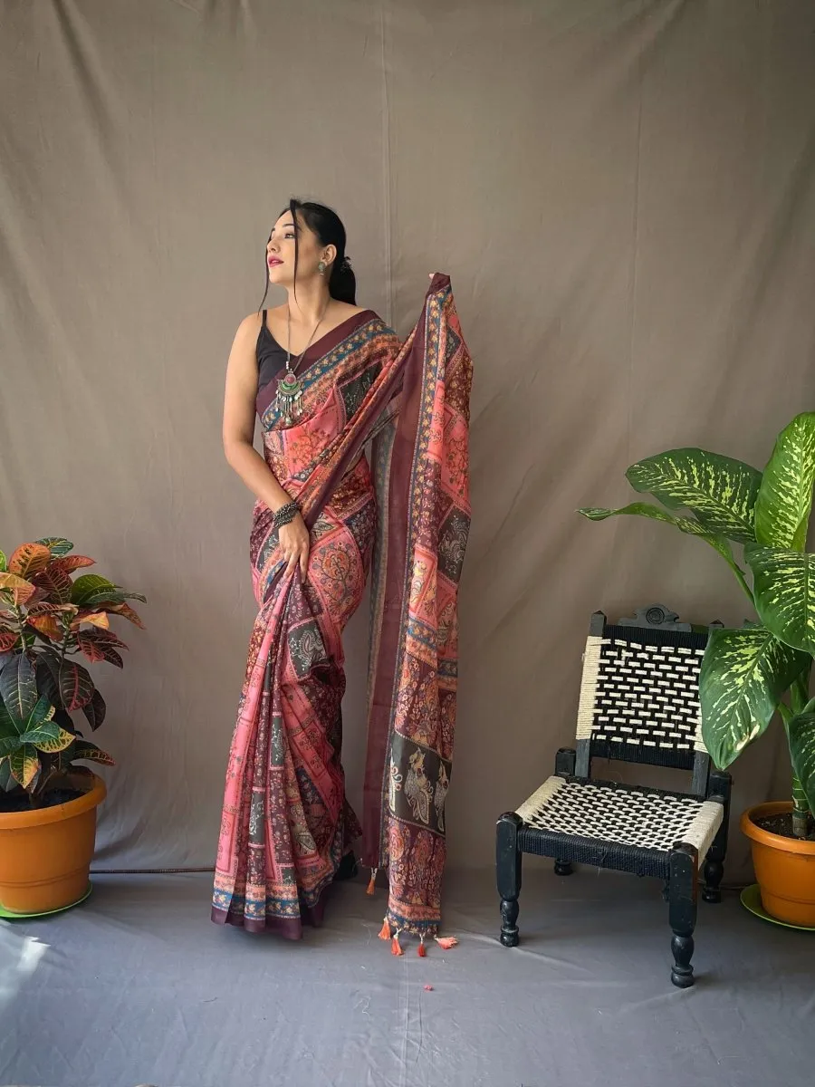 Deep Chestut Saree in Cotton Kalamkari Printed