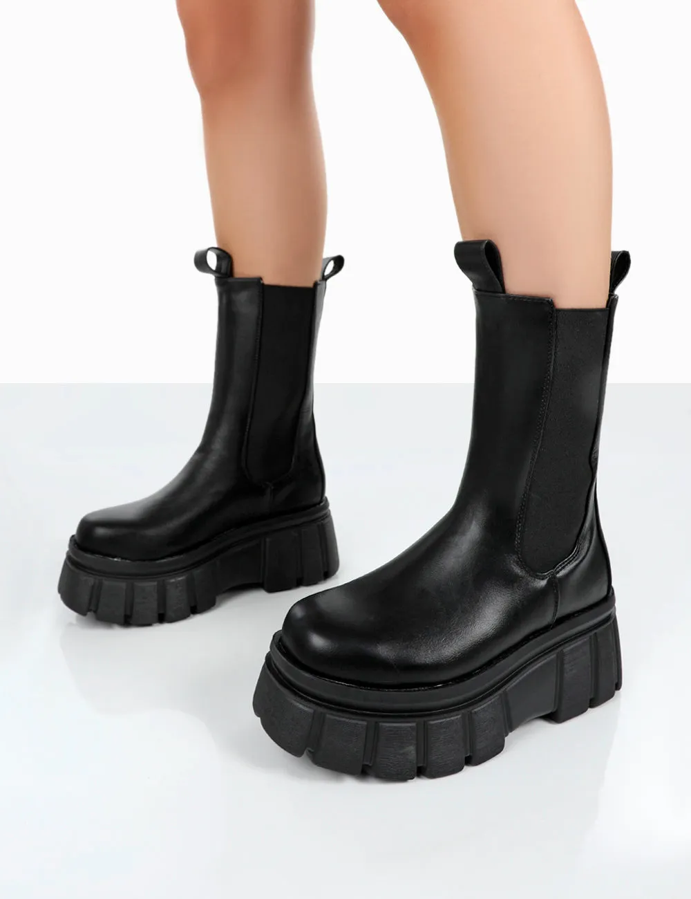 Delmz Black Pu Chunky Sole Ankle Boots