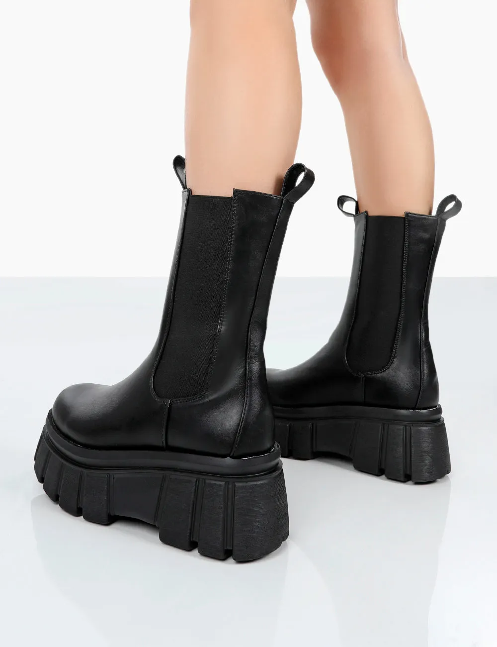 Delmz Black Pu Chunky Sole Ankle Boots