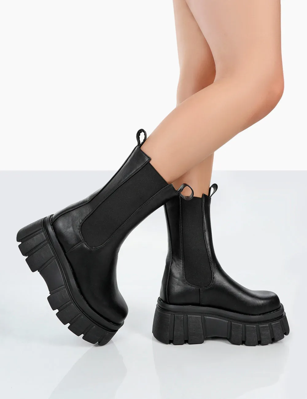 Delmz Black Pu Chunky Sole Ankle Boots